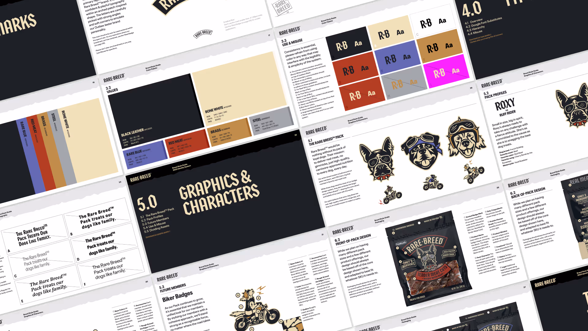 Spread of Rare Breed brand style guide pages: color palette, graphics & characters, Roxy mascot, and biker badges.