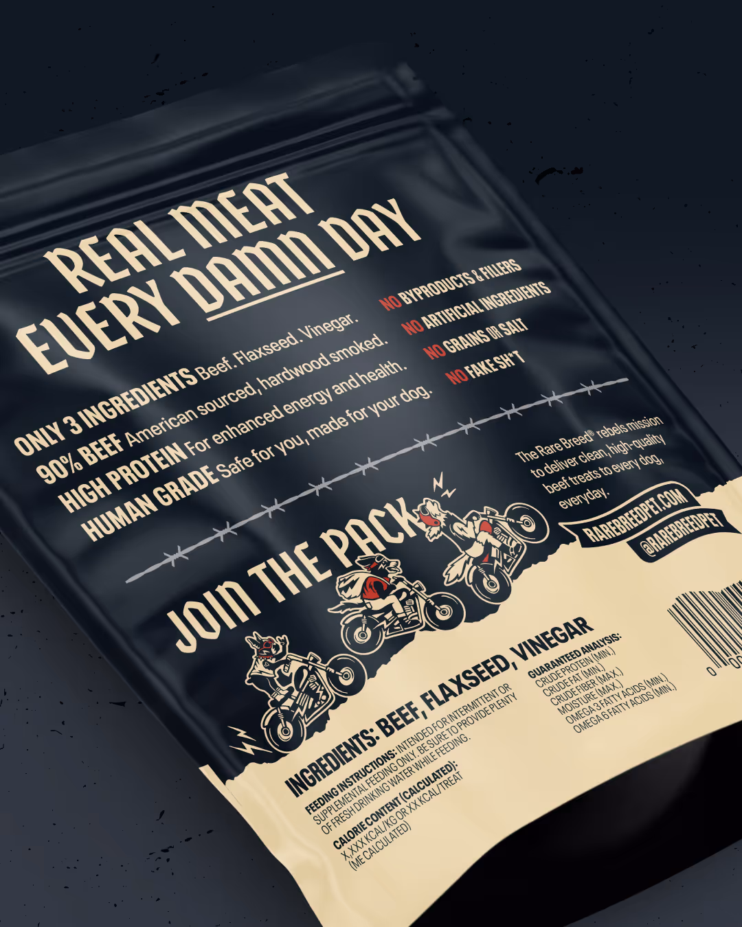 Back of a black Rare Breed pouch reading 'Real meat every damn day' and 'Join the pack' with dogs riding motorcycles.