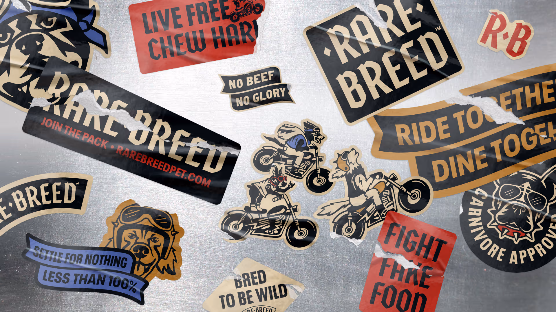 Rare Breed sticker assortment on metal: 'Live free chew hard,' 'No beef no glory,' 'Ride together dine together'.