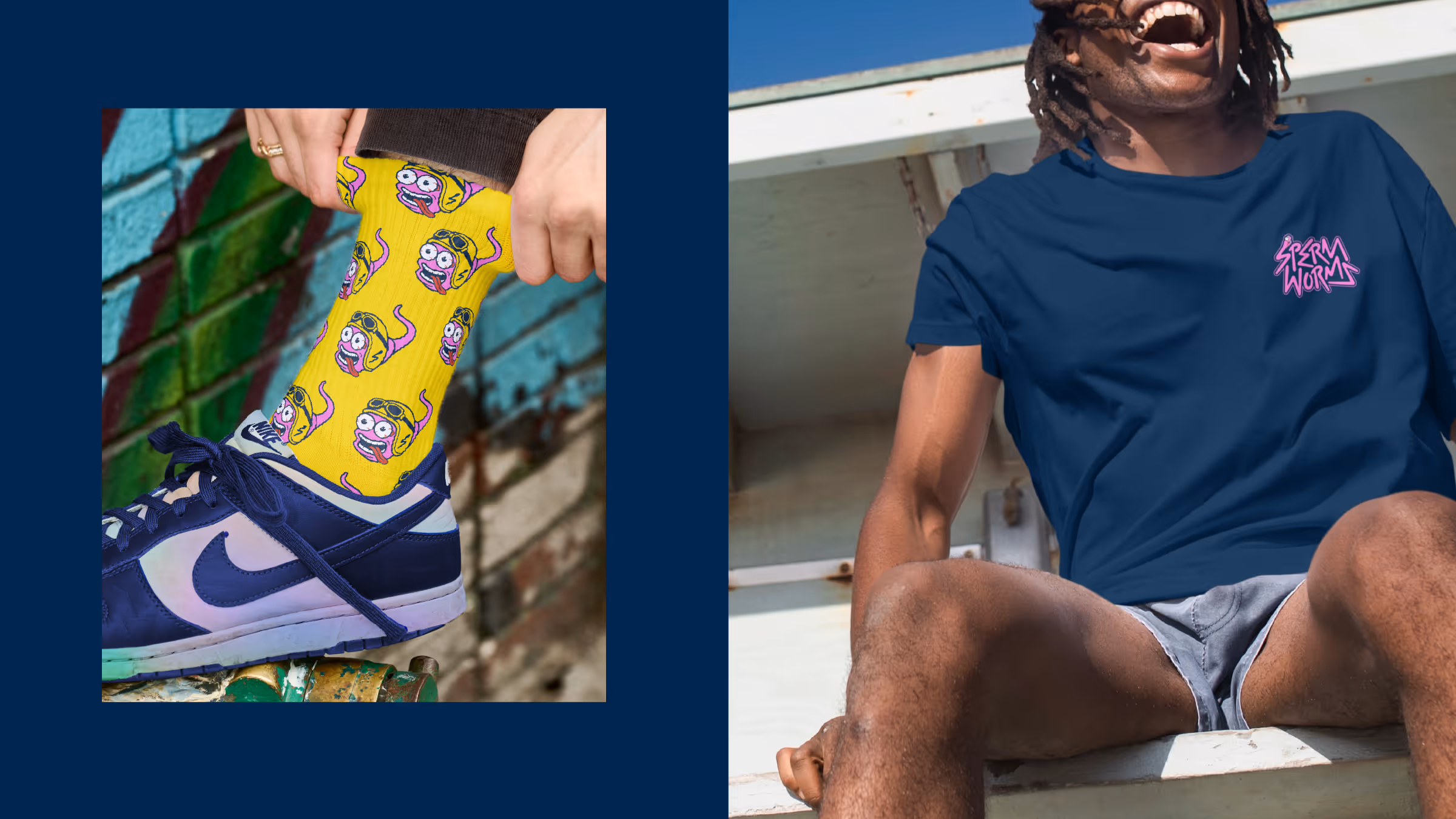 Sperm Worms apparel: yellow worm-printed socks above blue Nike sneakers and a man in a navy tee with the pink logo.