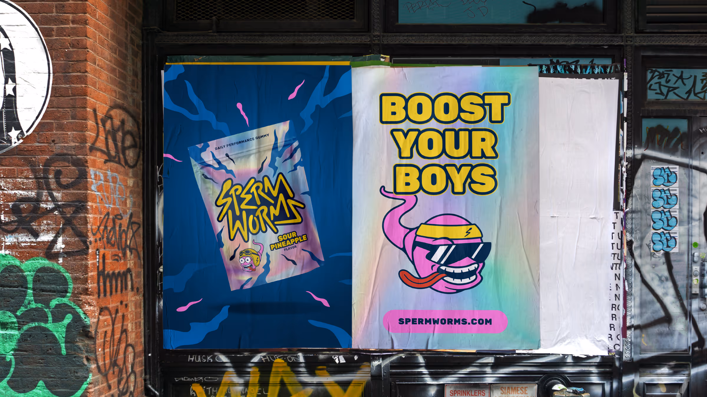 Two Sperm Worms wheatpaste posters on a graffiti brick wall: product pouch left and 'Boost your boys' worm right.