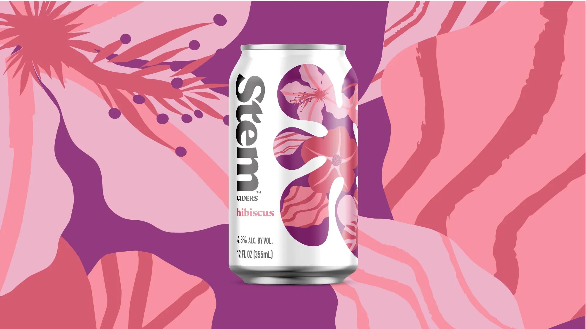 Stem Ciders Hibiscus can (4.3% ABV) with a pink hibiscus illustration on a purple and pink floral background.