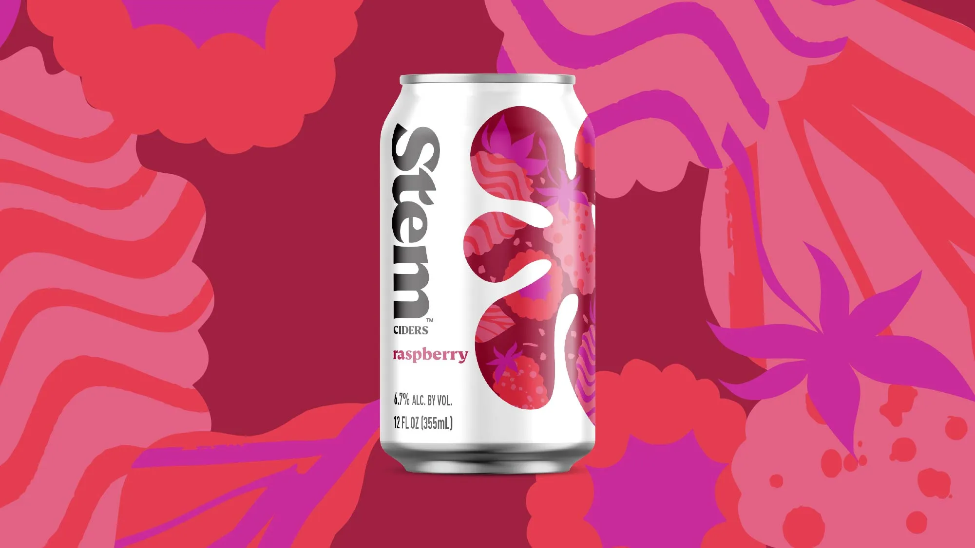 Stem Ciders Raspberry can (6.7% ABV) with a pink berry illustration on a magenta and pink floral background.