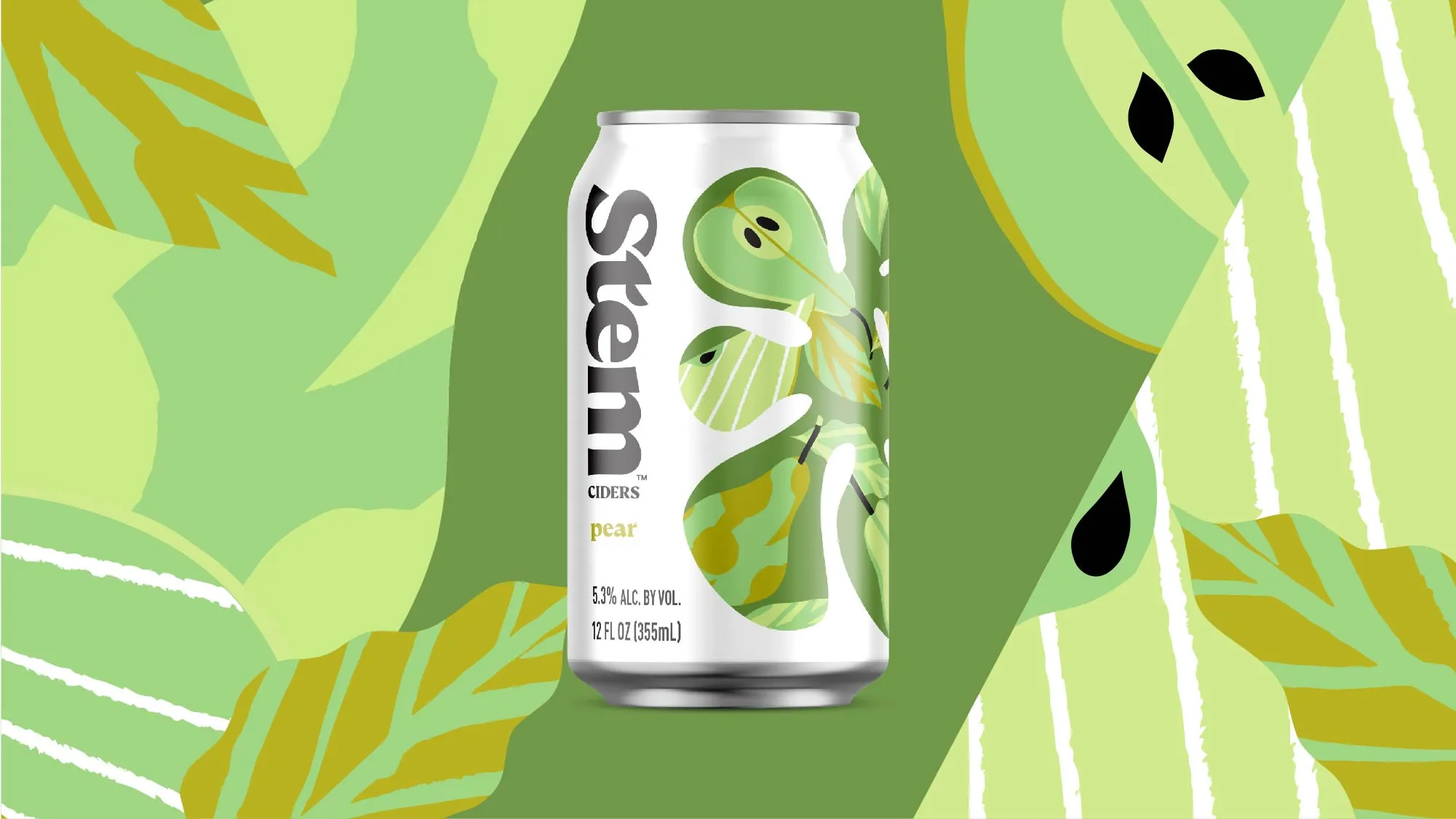 Stem Ciders Pear can (5.3% ABV) with a green pear-and-leaf illustration on a green abstract foliage background.