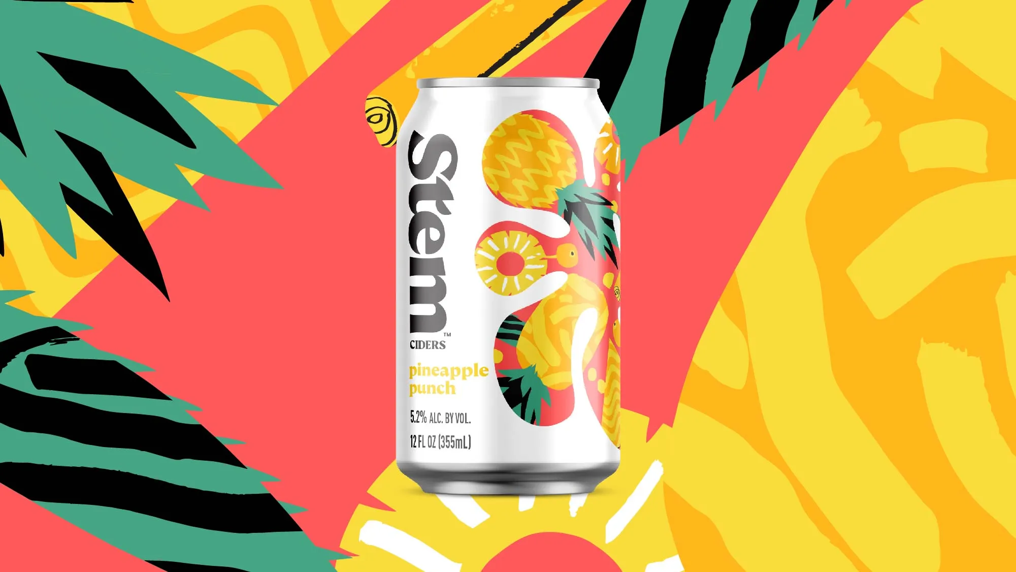 Stem Ciders Pineapple Punch can (5.2% ABV) with a yellow pineapple illustration on a coral, yellow, and green tropical background.