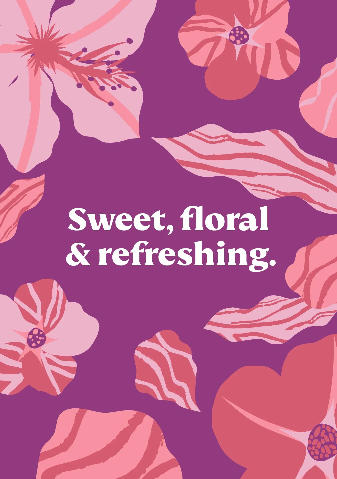 Purple Stem Ciders poster with 'Sweet, floral & refreshing' and illustrated pink hibiscus flowers and petals.