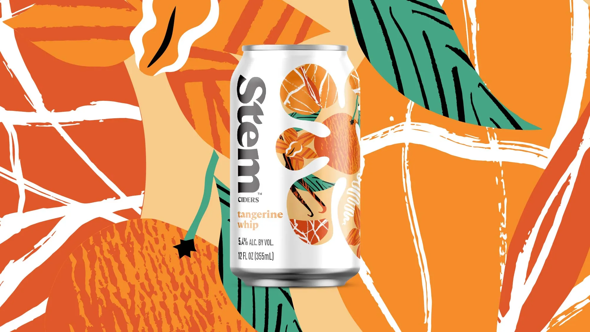 Stem Ciders Tangerine Whip can (5.4% ABV) with an orange citrus illustration on an orange and green abstract background.