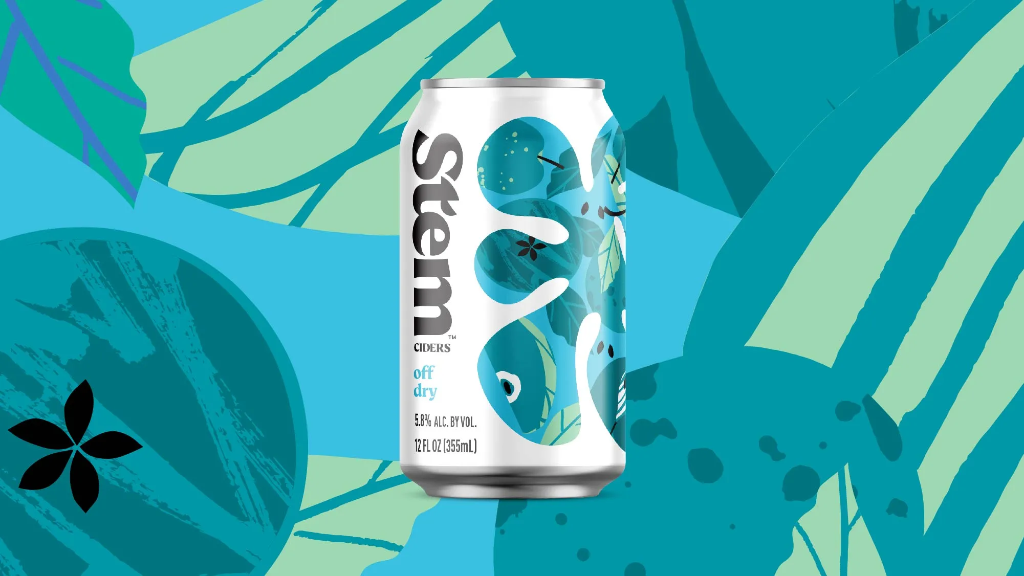 Stem Ciders Off Dry can (5.8% ABV) with a teal apple-and-leaf illustration on a teal-aqua abstract background.