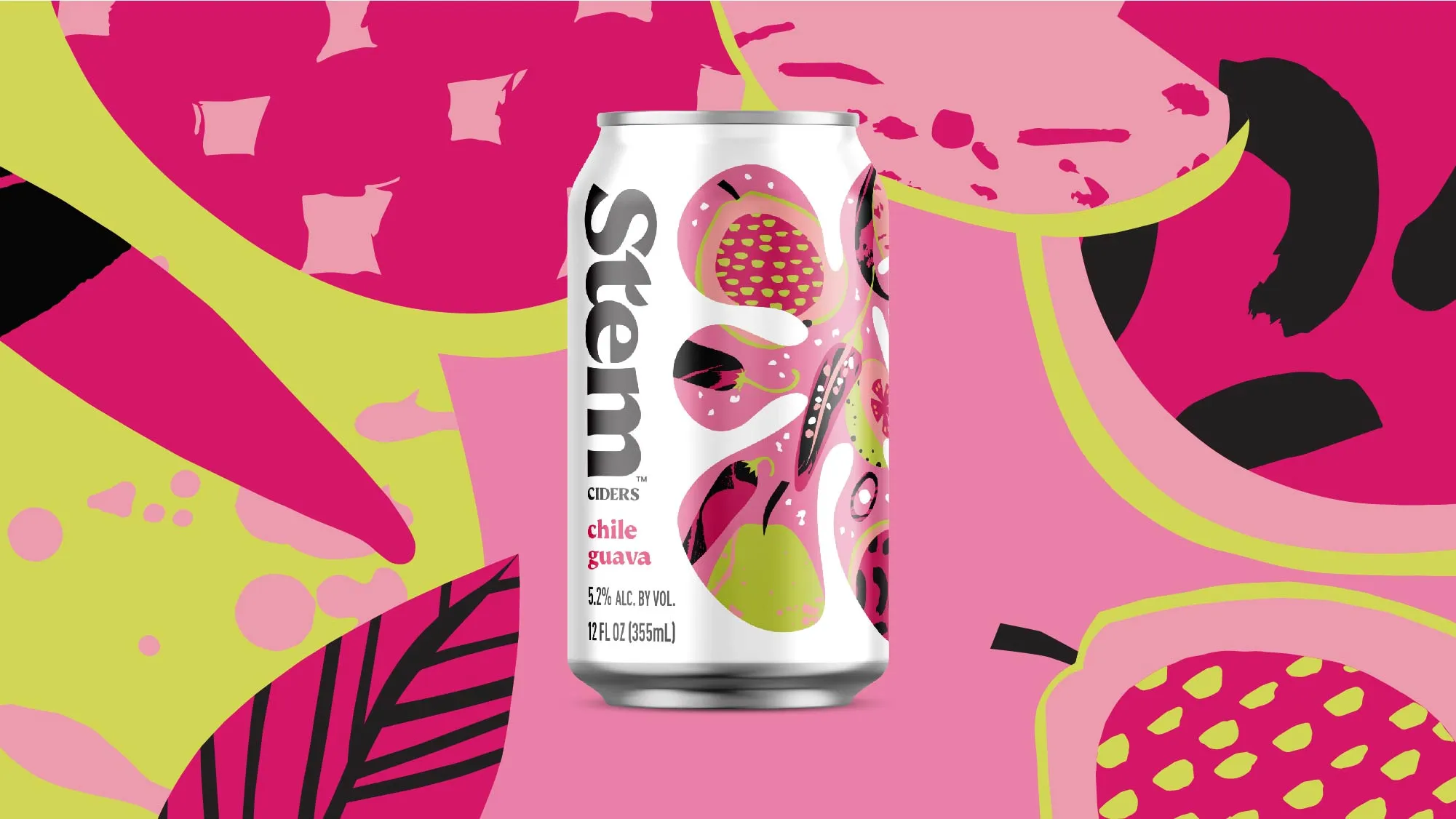 Stem Ciders Chile Guava can (5.2% ABV) with a pink-and-green guava illustration on a hot-pink and lime fruit background.