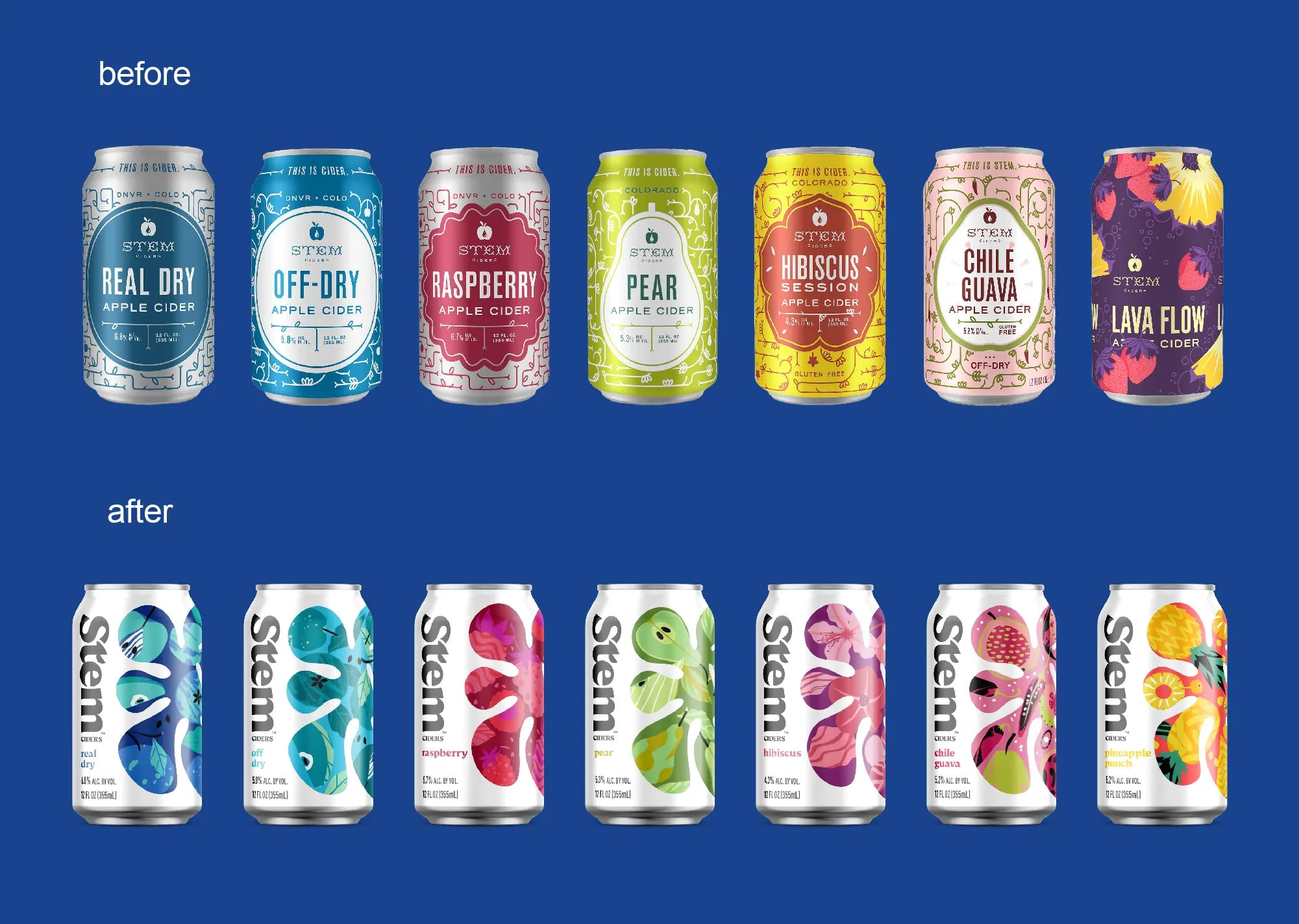 Before-and-after Stem Ciders: seven older ornate-label cans above seven refreshed minimalist cans with illustrated windows.