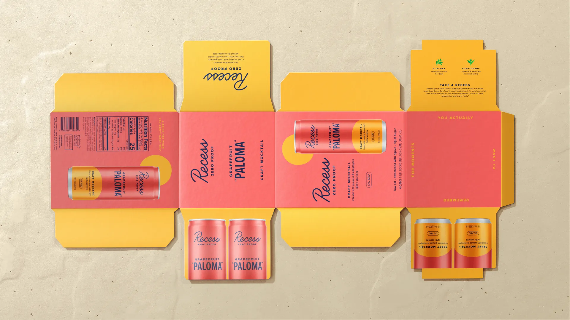 Recess Zero Proof Grapefruit Paloma can packaging dieline flat lay on a cream surface showing front, sides, and nutrition panel.