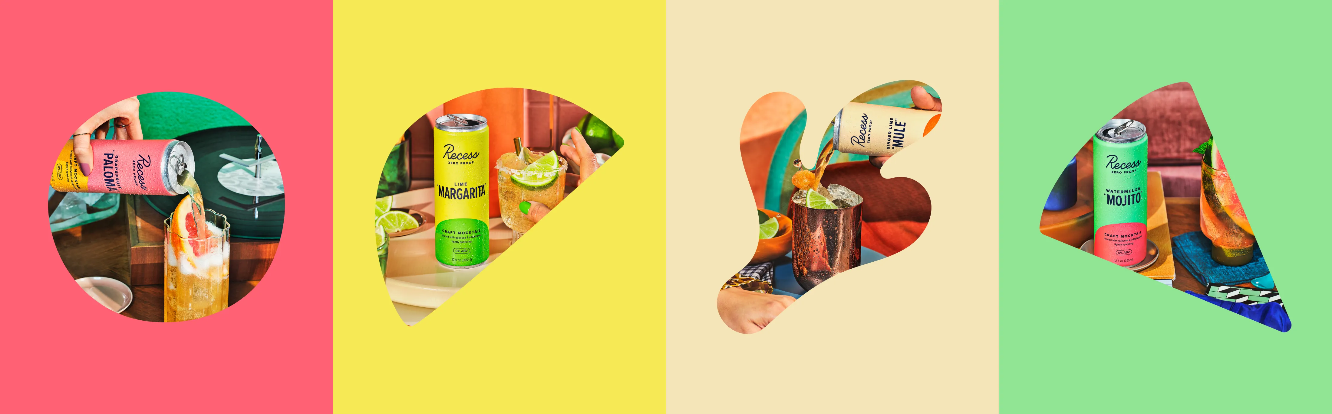 Four-panel flavor icon grid for Recess Zero Proof: Paloma (pink), Margarita (yellow-green), Mule (cream), Mojito (mint green).
