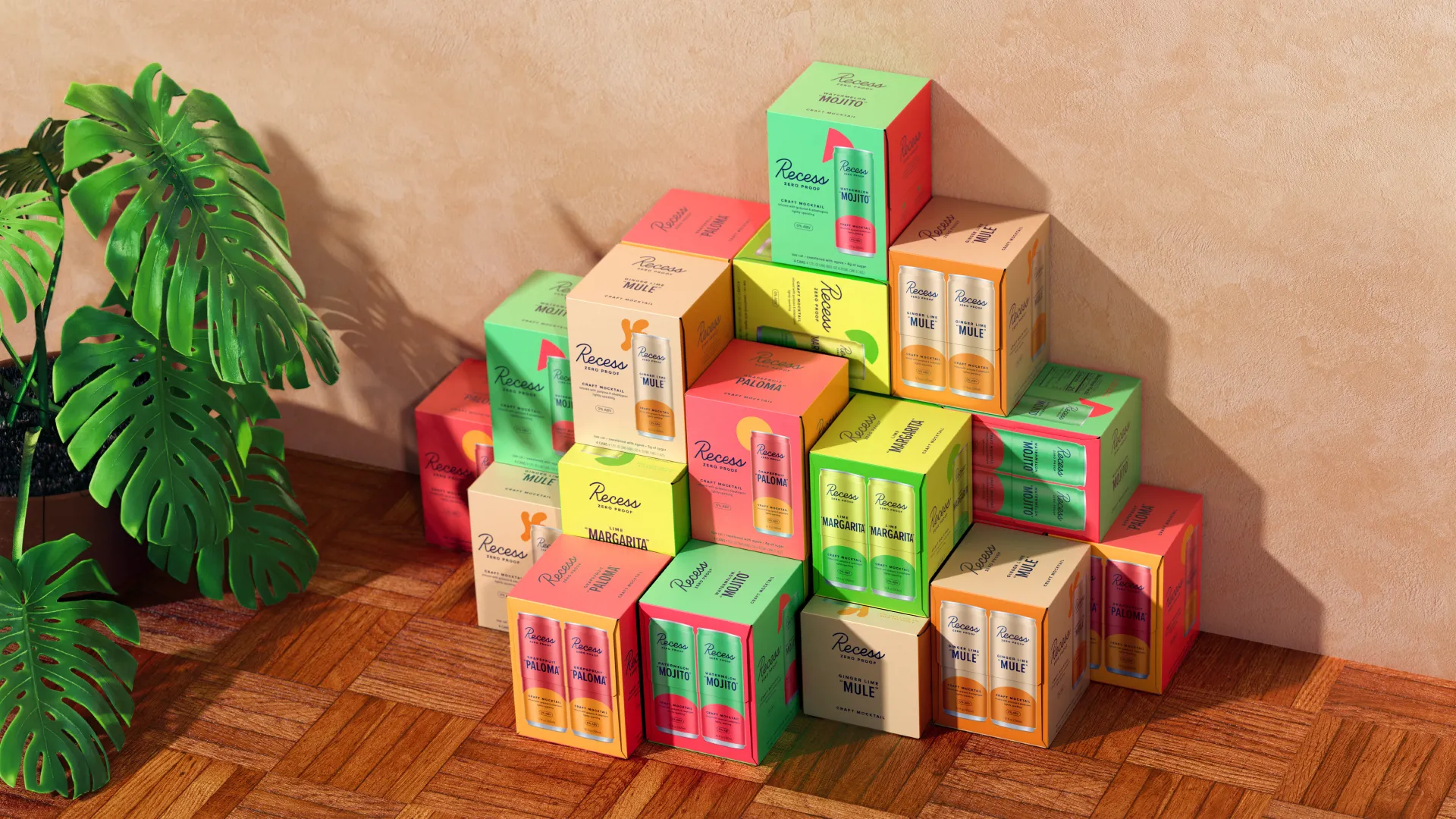 Stacked Recess Zero Proof multipack boxes — Mojito, Mule, Paloma, Margarita — in a warm room with a monstera plant and parquet floor.