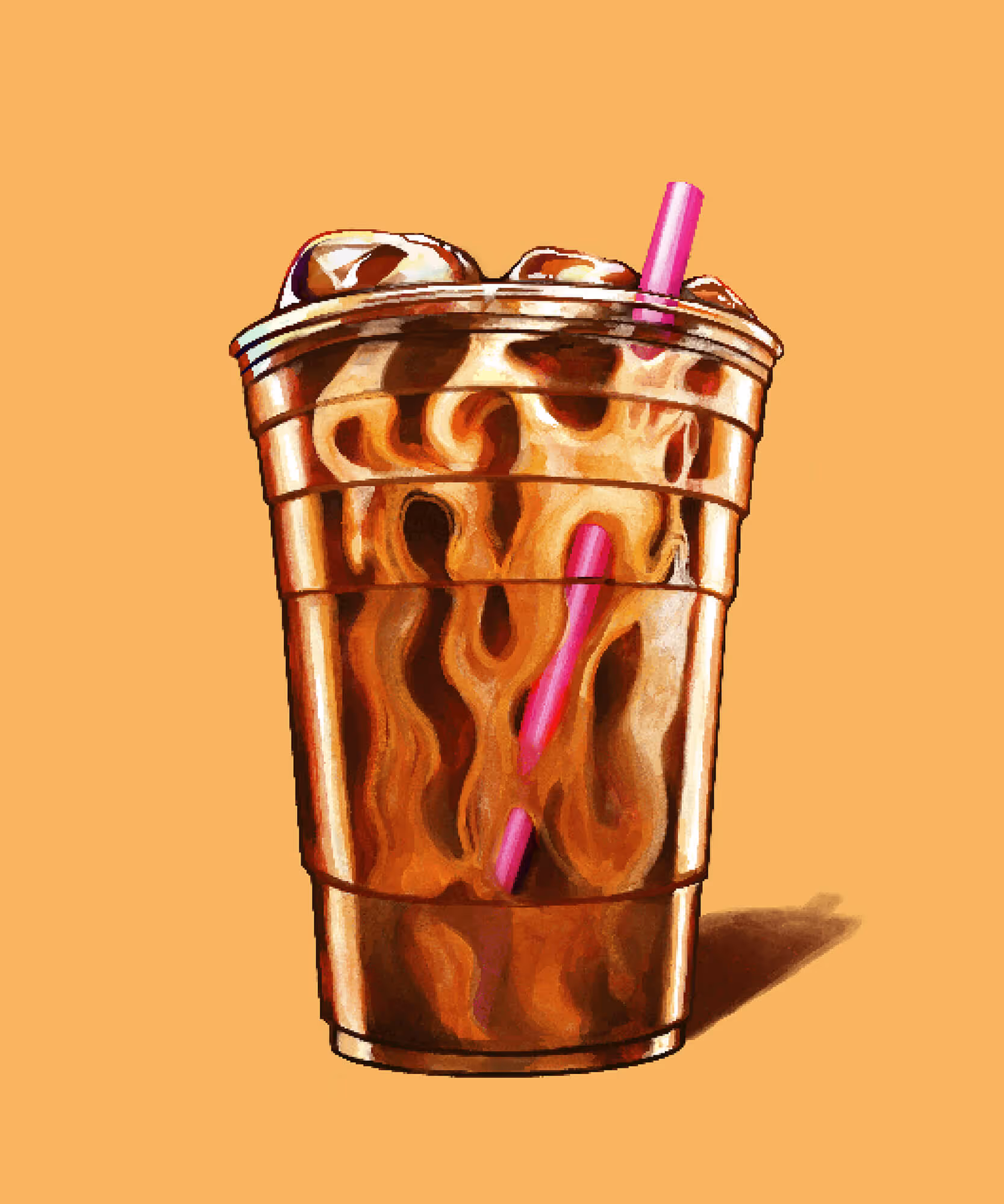 Illustrated iced coffee in a clear cup with a pink straw set against a warm amber background.