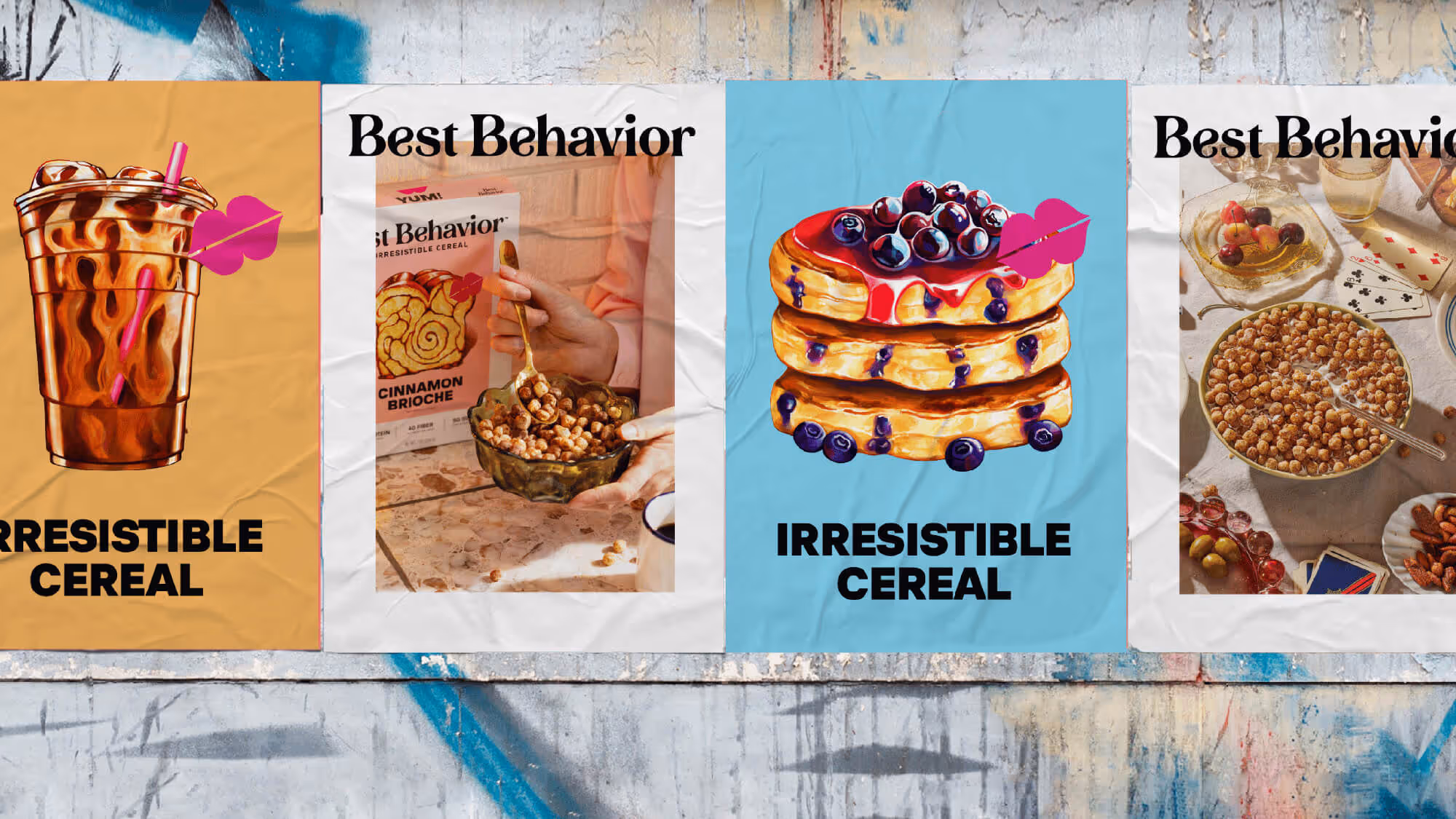 Four Best Behavior cereal box designs displayed side by side, showing the full illustrated lineup.