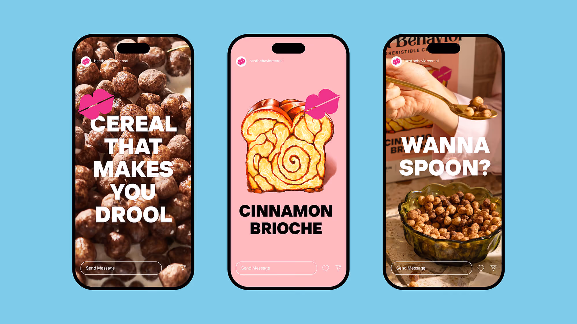 Three phone screens showing social media stories for Best Behavior cereal, with lifestyle and product images.
