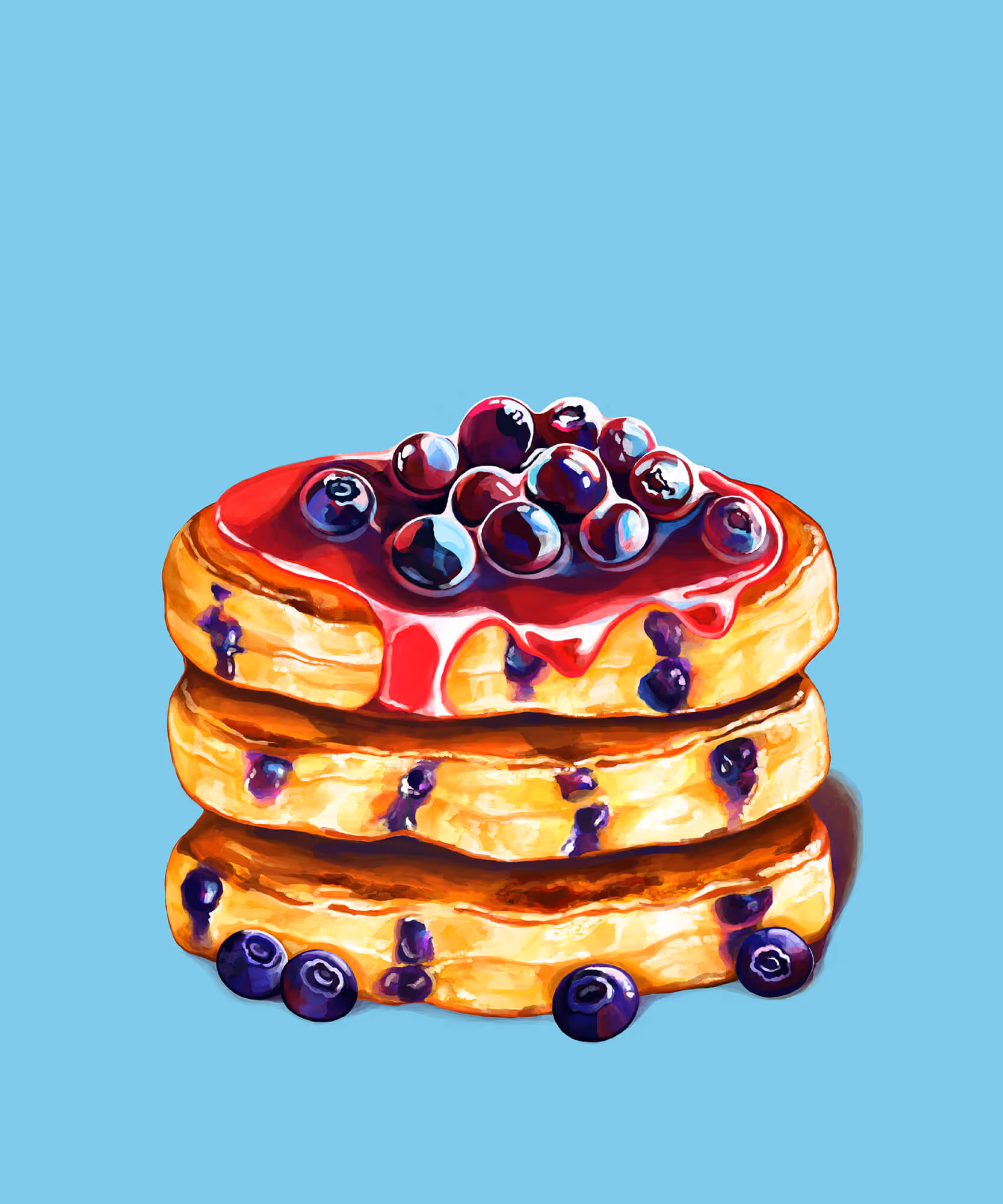 Illustrated stack of blueberry pancakes topped with syrup and fresh berries on a bright blue background.
