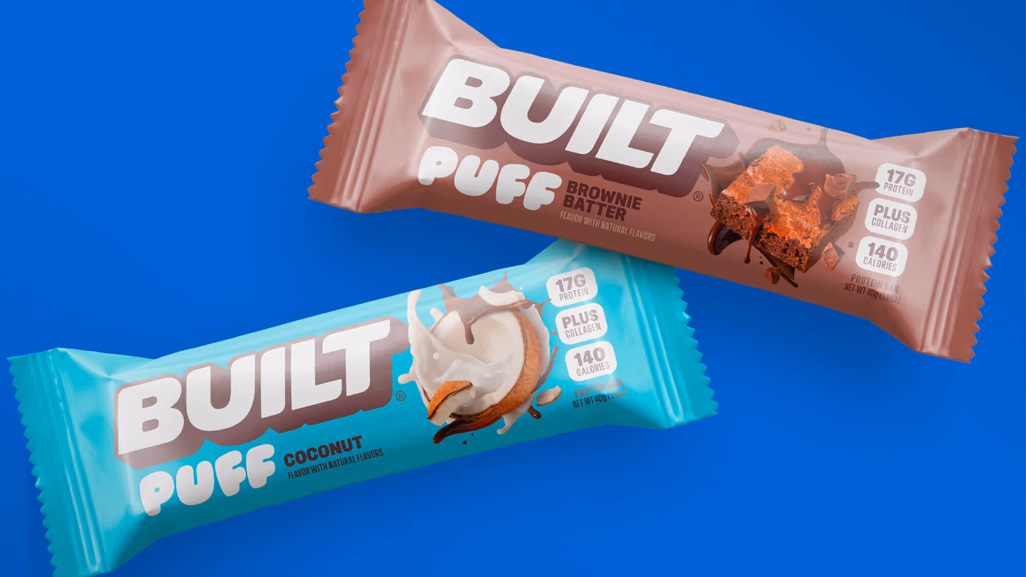 Brown Brownie Batter and teal Coconut Built Puff bars on a bright blue background.