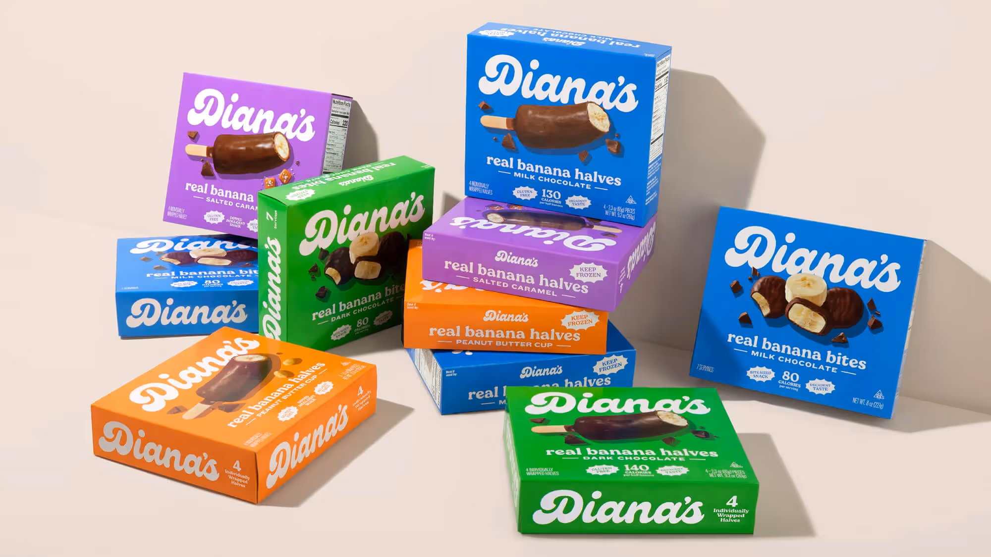 Cluster of all four Diana's box variants in purple, green, blue, and orange.