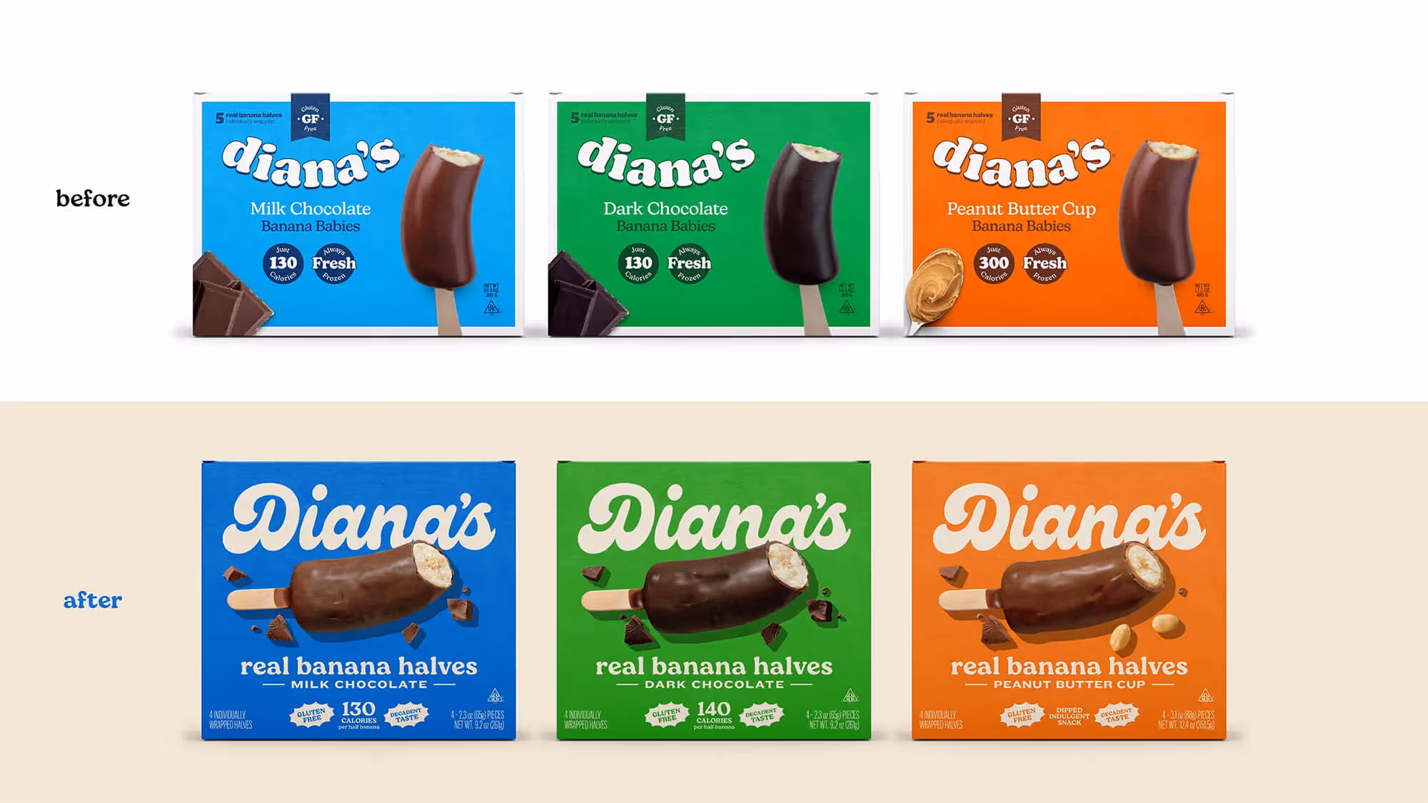 Before-and-after Diana's boxes: cluttered older designs above, refreshed bold-script designs below.
