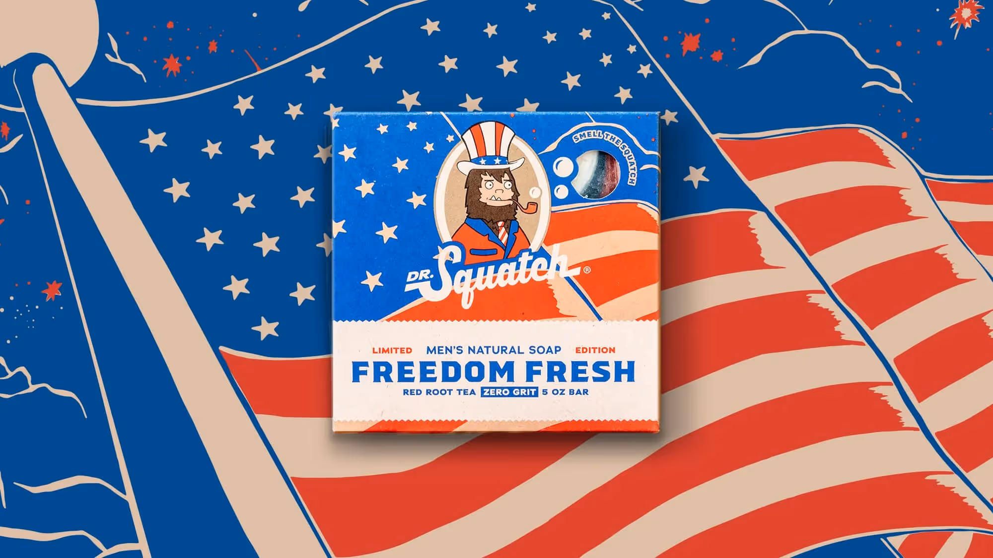 Limited-edition Freedom Fresh soap box with Red Root Tea and Uncle Sam Bigfoot art on an American-flag backdrop.