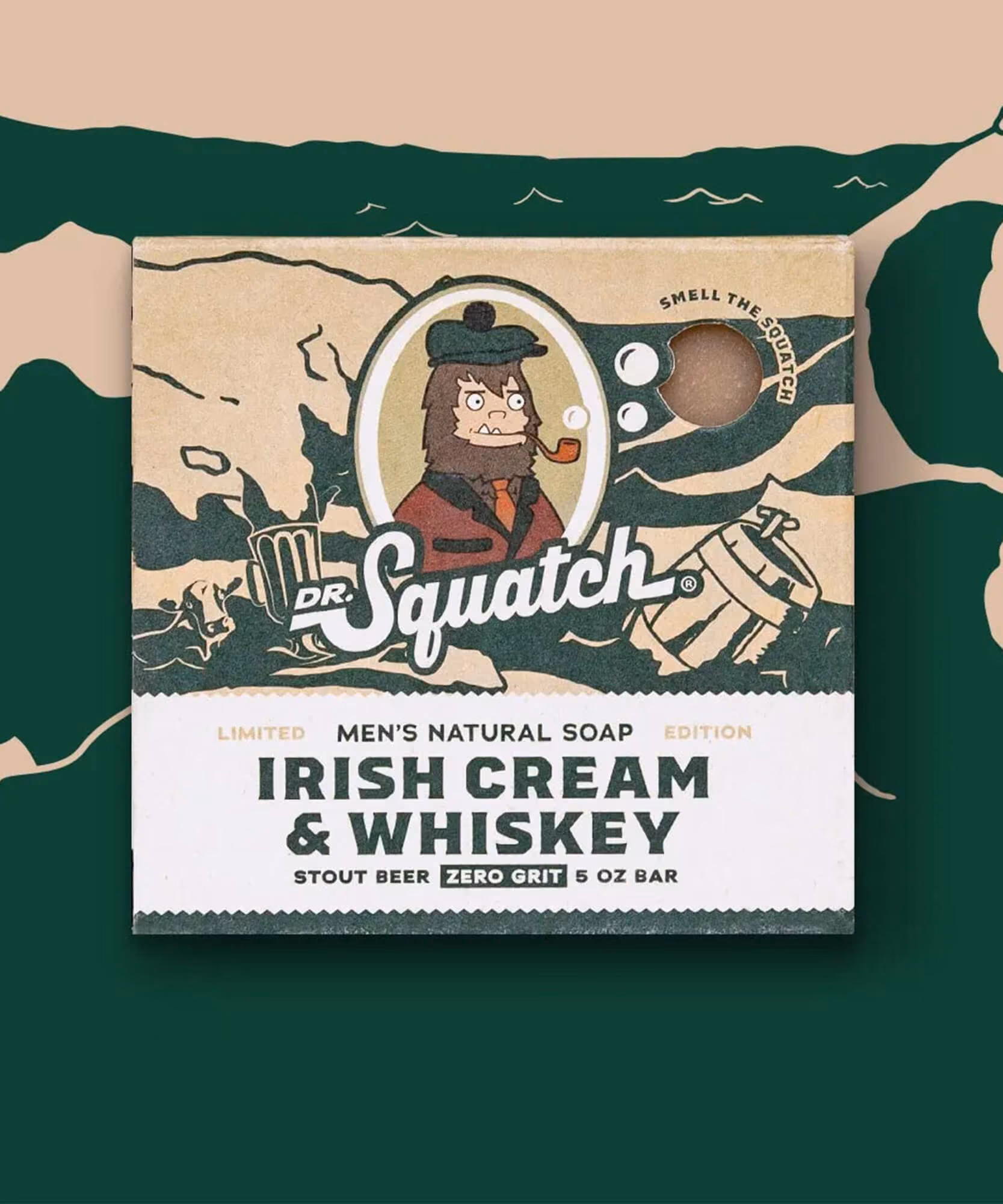 Limited-edition Irish Cream & Whiskey soap box with flat-cap Bigfoot art over a green tipped-keg illustration.