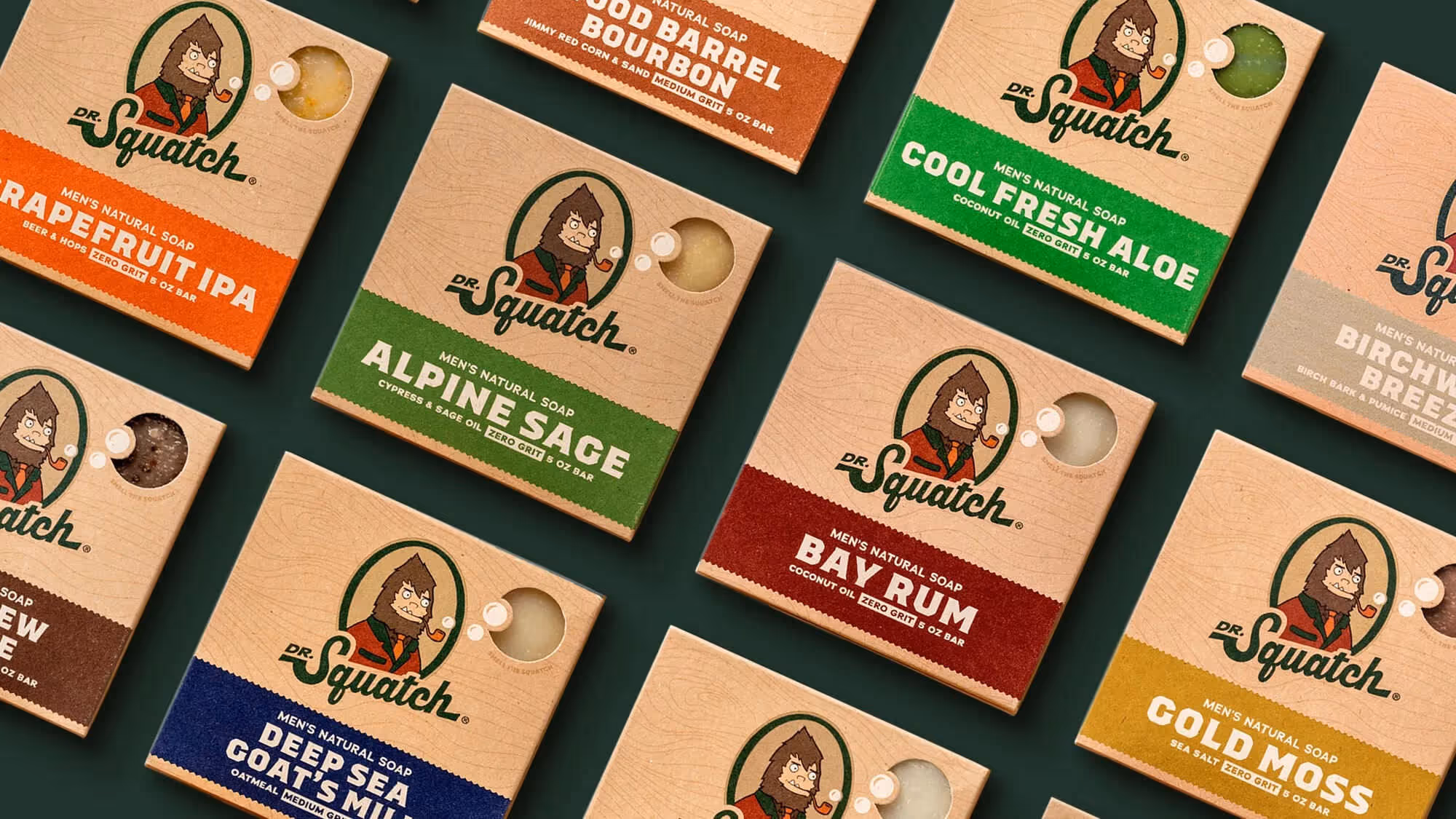 Tiled grid of Dr. Squatch soap boxes including Grapefruit IPA, Pine Tar, Cool Fresh Aloe, and Bay Rum.