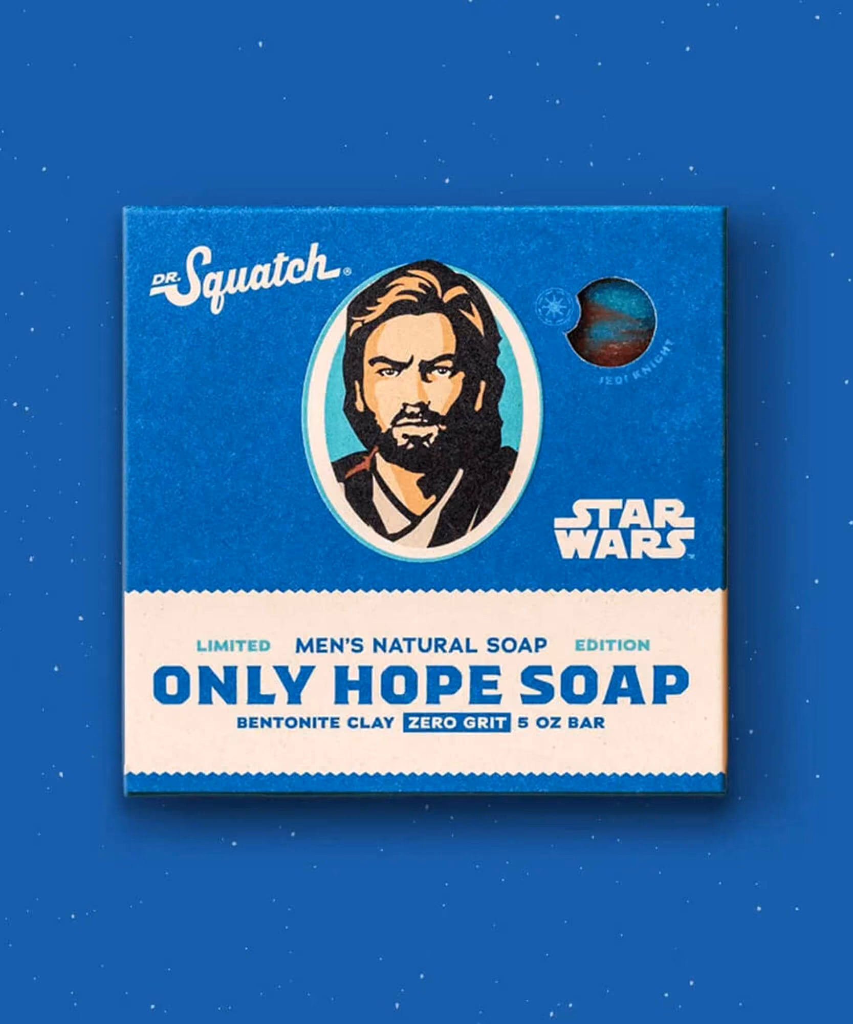 Star Wars Only Hope Dr. Squatch soap box with Obi-Wan Kenobi portrait on a starry blue background.