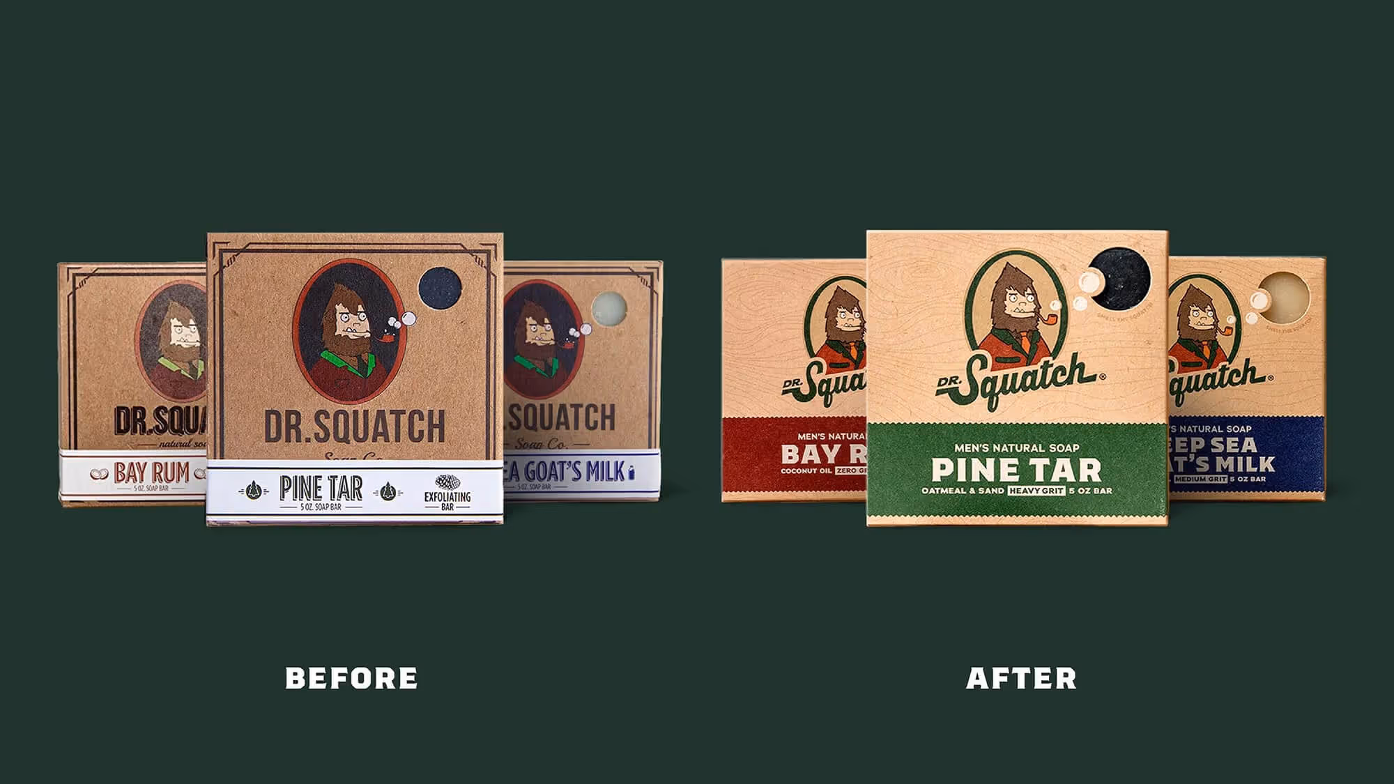 Before-and-after Dr. Squatch packaging: older kraft boxes above, refreshed bold-green oval logo boxes below.
