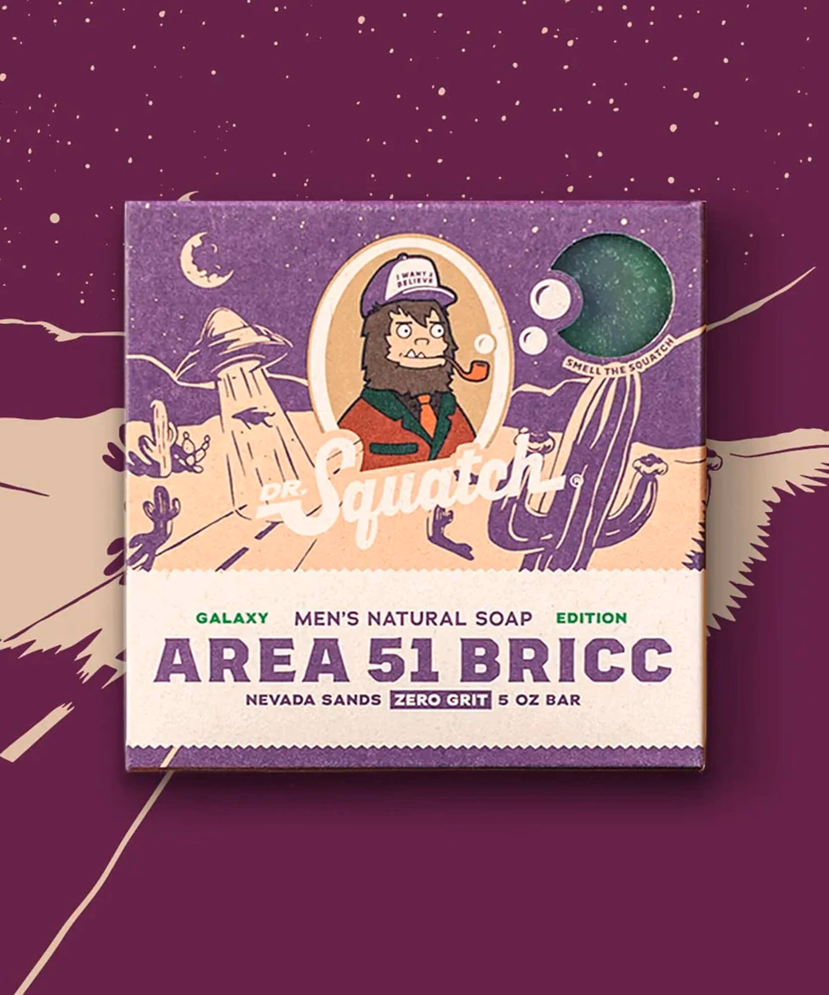 Galaxy-edition Area 51 Bricc soap box with Nevada Sands and Bigfoot in a trucker cap on a starry purple desert.