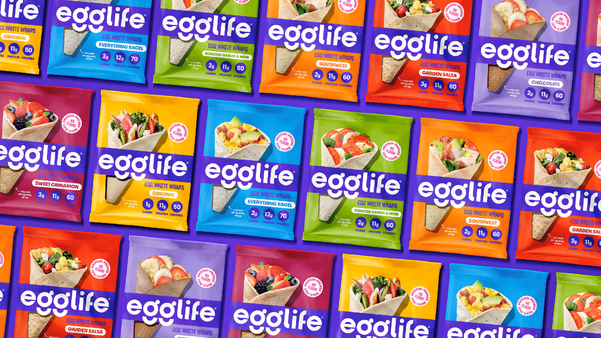 Tiled grid of egglife wrap packages in red, blue, orange, purple, and green flavors.