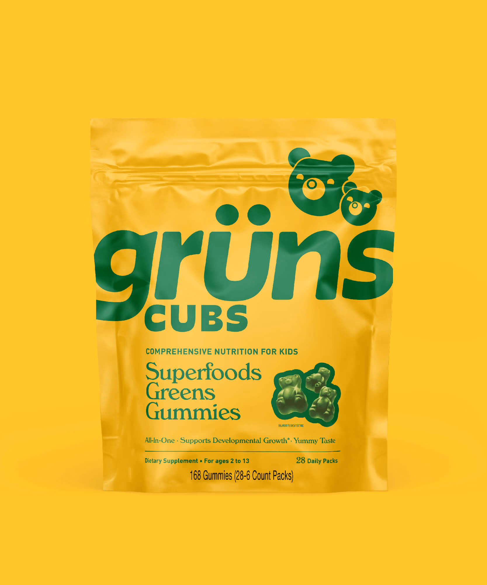 Yellow Grüns Cubs pouch for kids ages 2–13 with green bear logo and a 168-gummy callout.