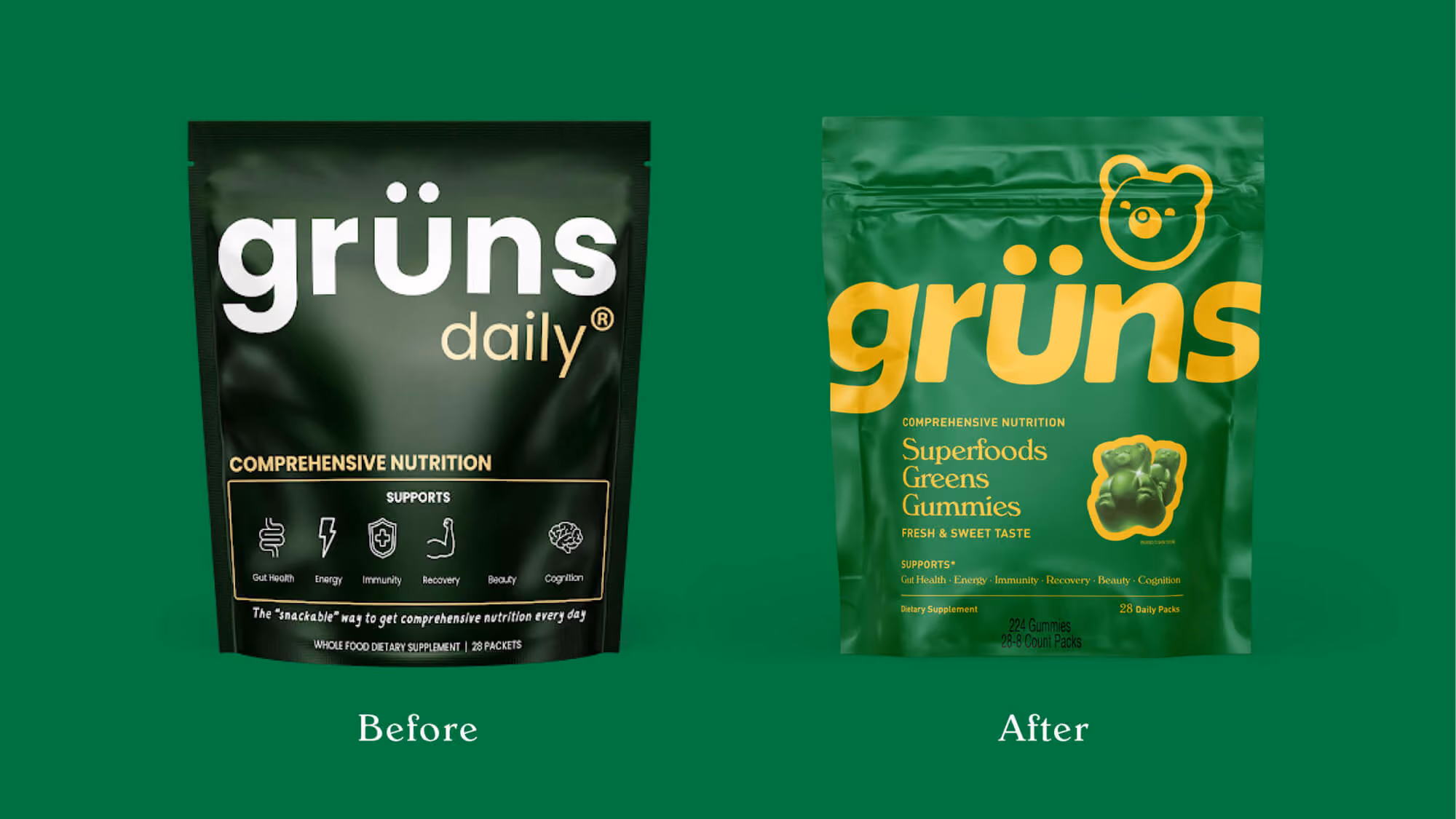 Before-and-after Grüns packaging: dark-green/black daily pouch above the bright-green refreshed pouch.
