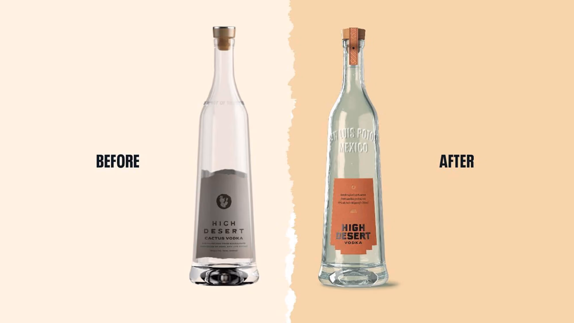 Before-and-after High Desert bottles: tall clear gray-label cactus vodka left; shorter cork-tied orange-label bottle right.