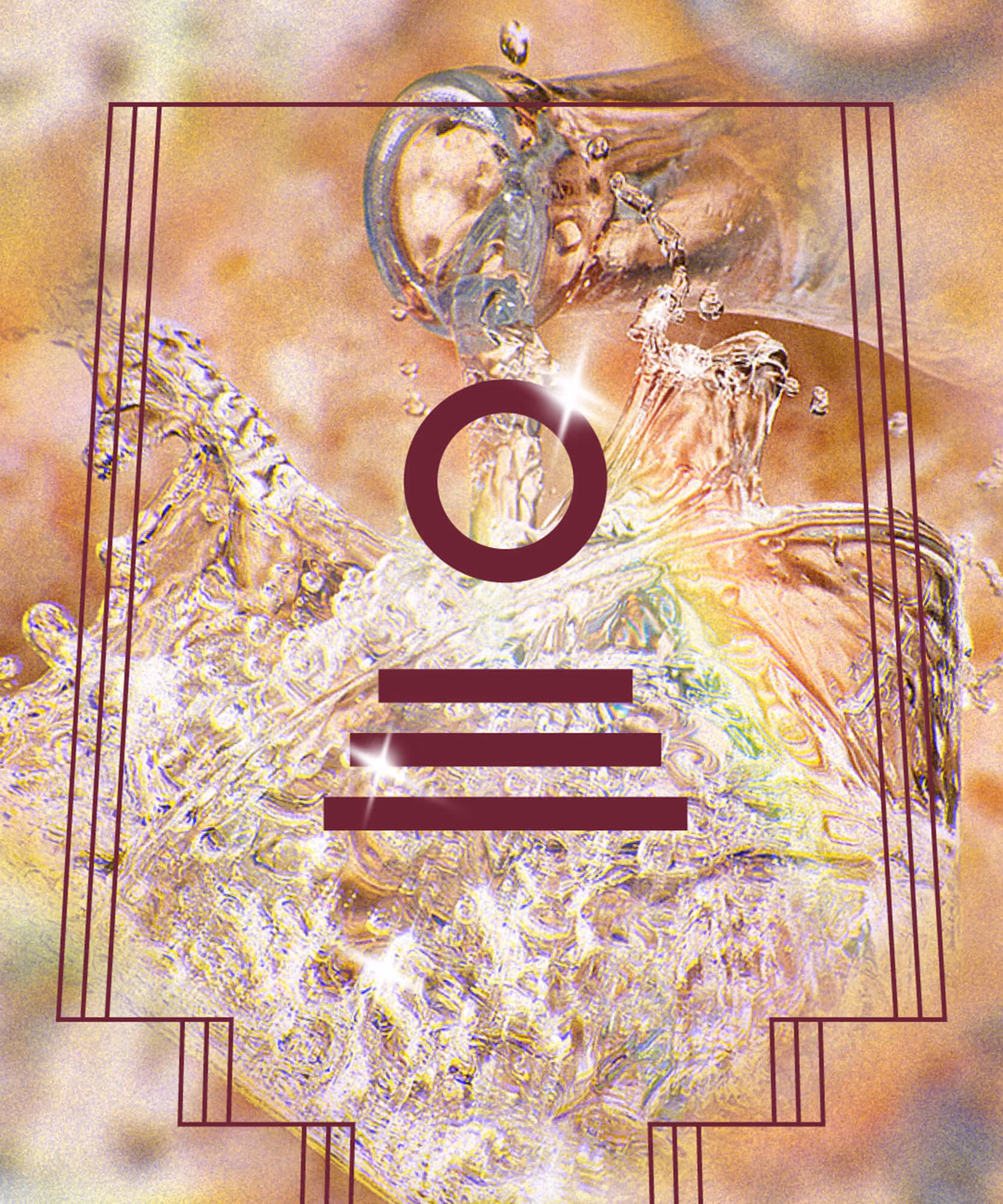 Splashing pour of vodka with prismatic refraction overlaid with the maroon stepped-frame High Desert mark.