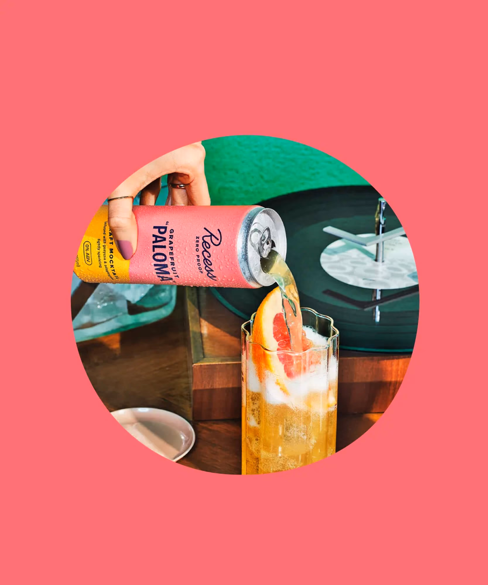 Four-panel flavor icon grid for Recess Zero Proof: Paloma (pink), Margarita (yellow-green), Mule (cream), Mojito (mint green).