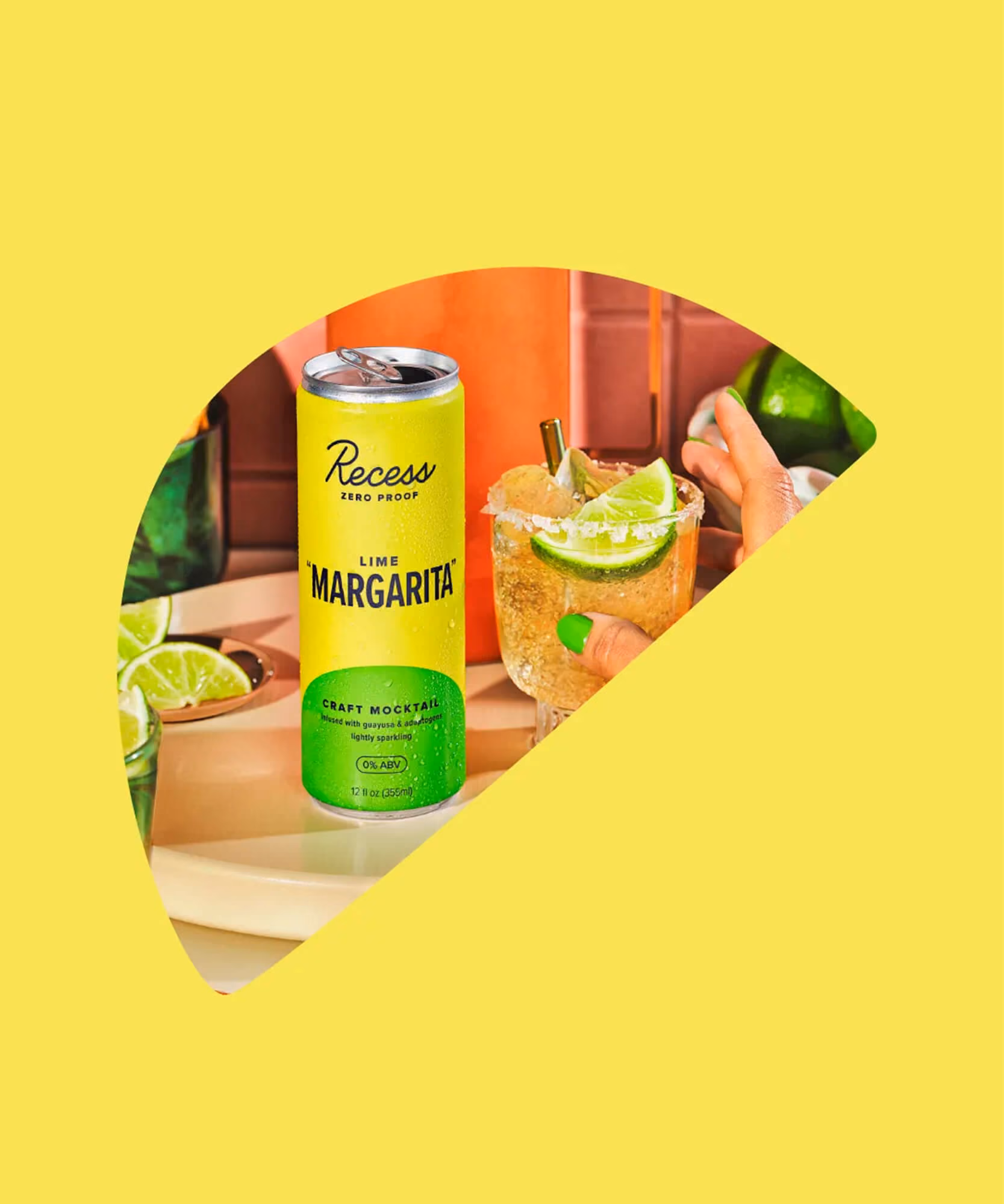 Four-panel flavor icon grid for Recess Zero Proof: Paloma (pink), Margarita (yellow-green), Mule (cream), Mojito (mint green).