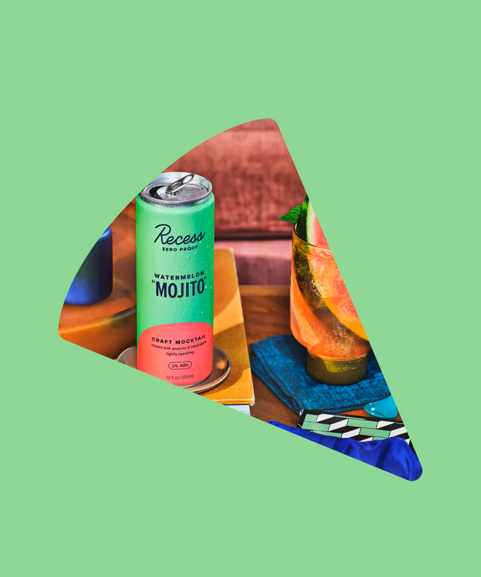Four-panel flavor icon grid for Recess Zero Proof: Paloma (pink), Margarita (yellow-green), Mule (cream), Mojito (mint green).
