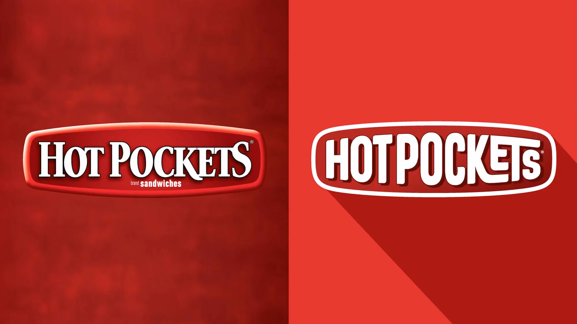 Side-by-side Hot Pockets logo comparison: oval 'brand sandwiches' wordmark left; chunky cartoon-style logo right.