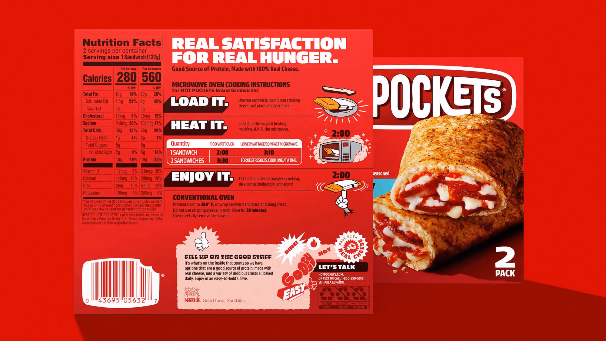 Back of a Hot Pockets box on red with nutrition facts and 'Load it / Heat it / Enjoy it' sticker-style instructions.