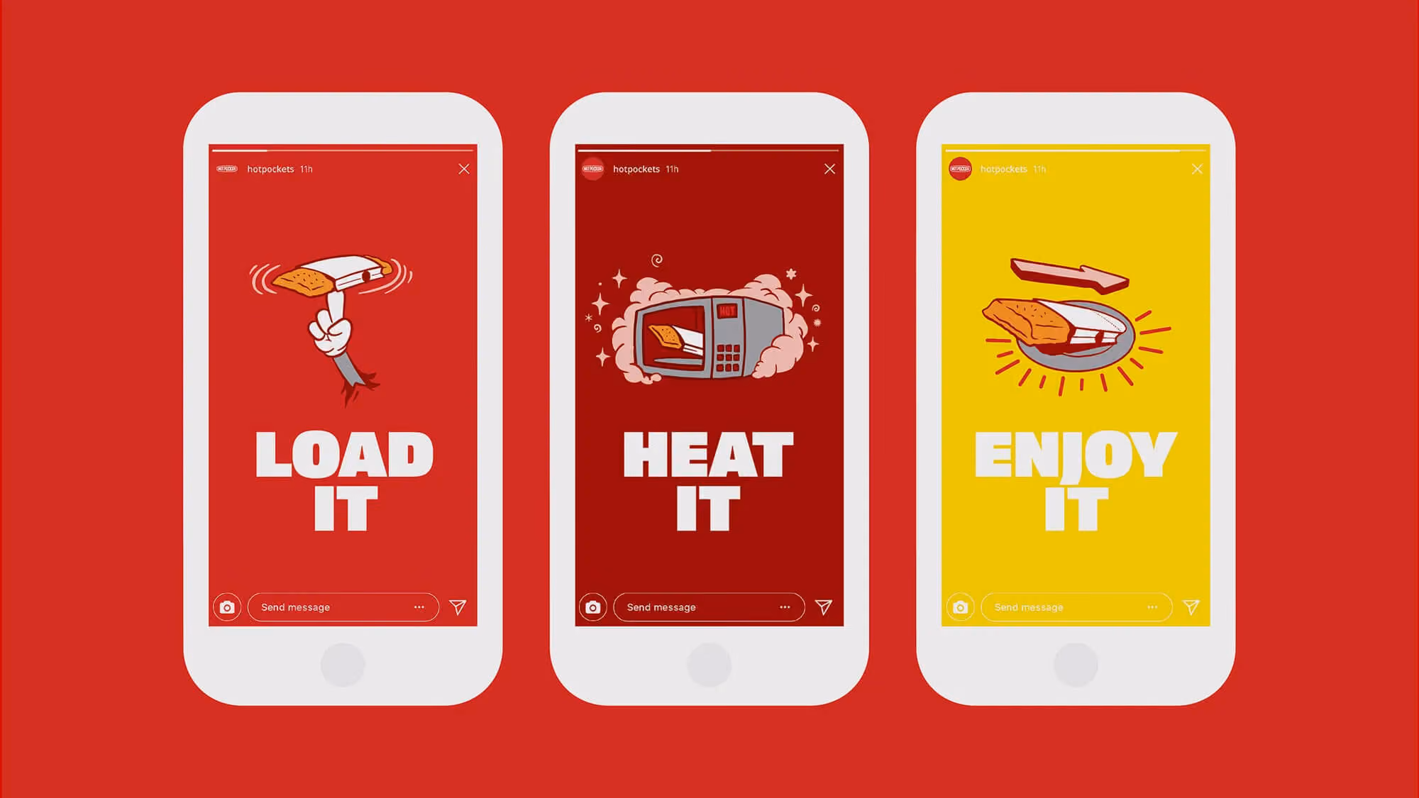 Three Hot Pockets phone mockups showing Instagram Stories with cartoon 'Load it,' 'Heat it,' and 'Enjoy it' panels.