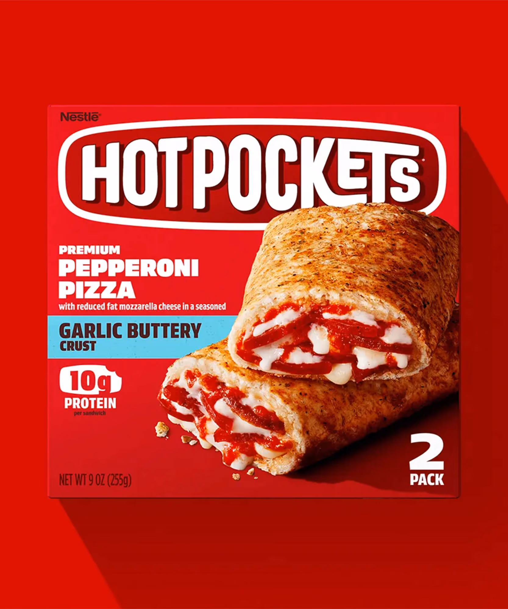 Vertical lineup of three Hot Pockets boxes: Pepperoni Pizza, Bacon Egg & Cheese Croissant, Big & Bold Buffalo Style Chicken.