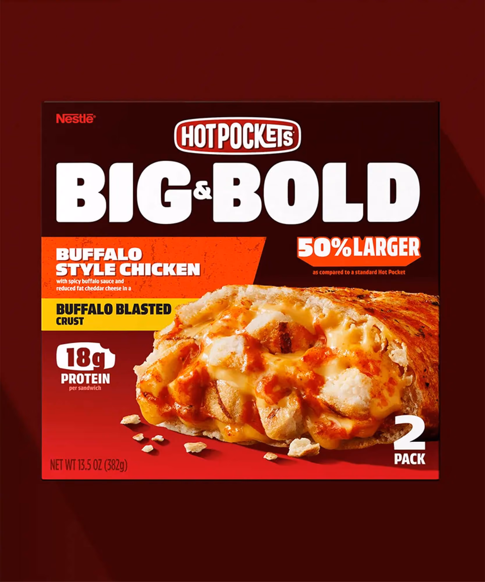 Vertical lineup of three Hot Pockets boxes: Pepperoni Pizza, Bacon Egg & Cheese Croissant, Big & Bold Buffalo Style Chicken.