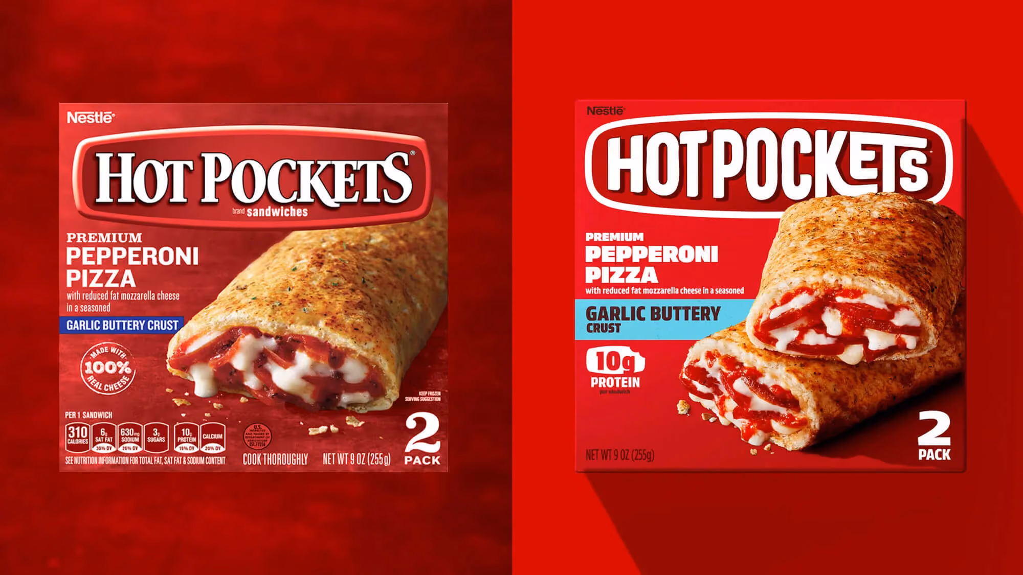 Pepperoni Pizza Garlic Buttery Crust Hot Pockets box: older Nestlé version at left, redesigned bigger-logo version right.
