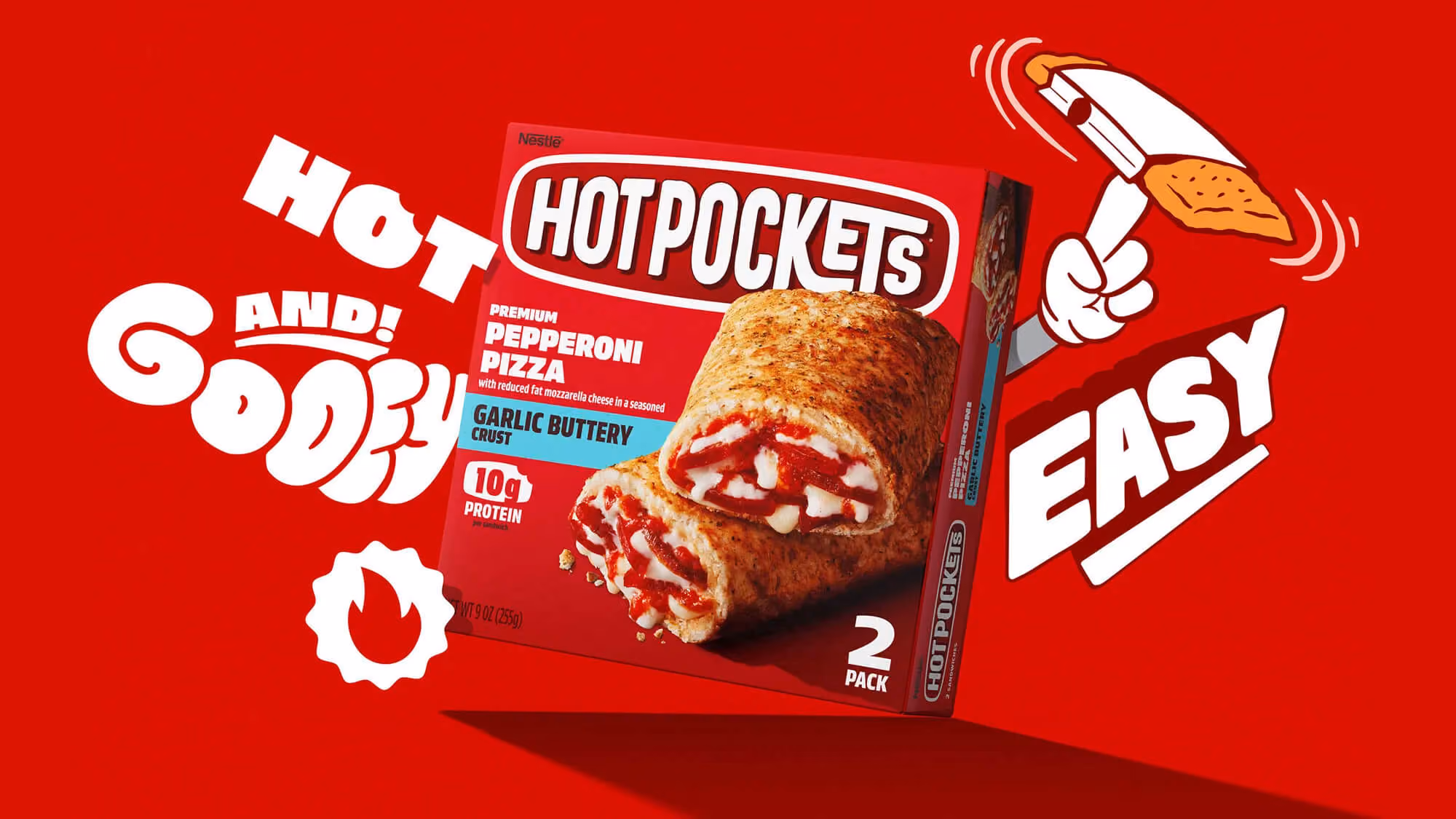 Pepperoni Pizza Garlic Buttery Crust Hot Pockets box on red with 'Hot and gooey' sticker art and a cartoon hand.