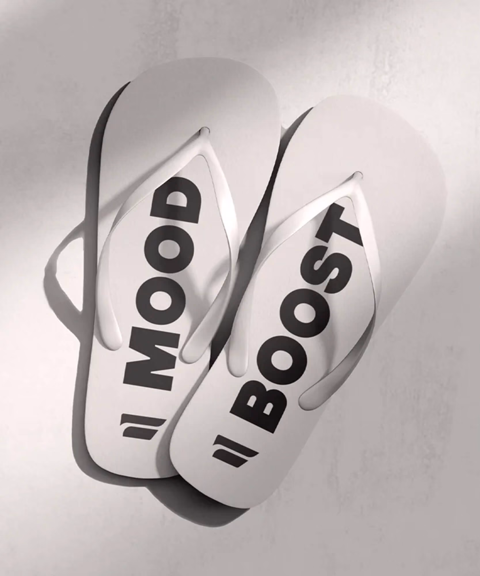 Plunge product triptych: white 'Mood Boost' flip-flops, a person in a logo robe, and a folded white logo towel.