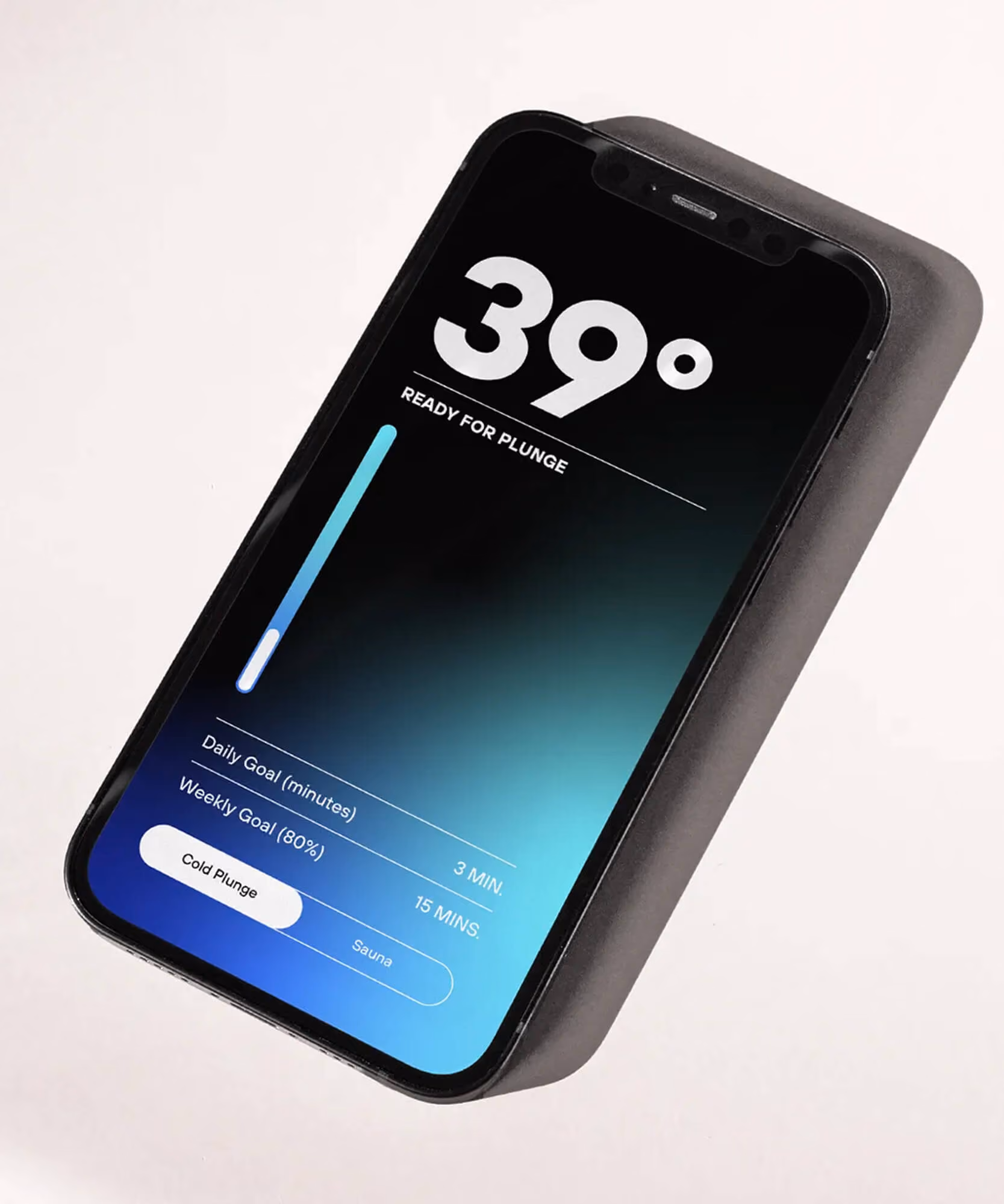 Smartphone showing a blue gradient Plunge app screen reading '39 degrees, ready for plunge' with goal stats.