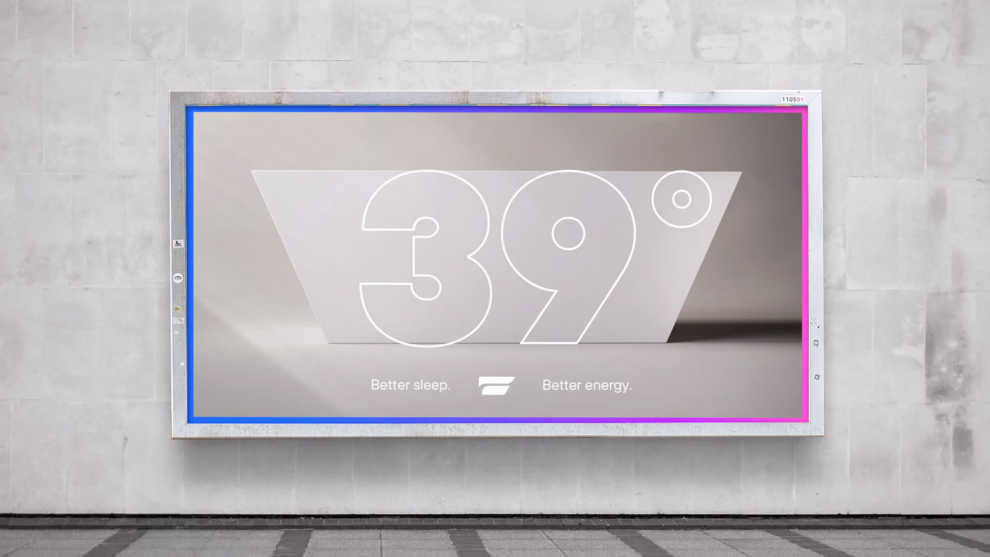 Outdoor billboard with a blue-to-pink gradient frame around a tub silhouette, '39 degrees,' 'Better sleep. Better energy.'