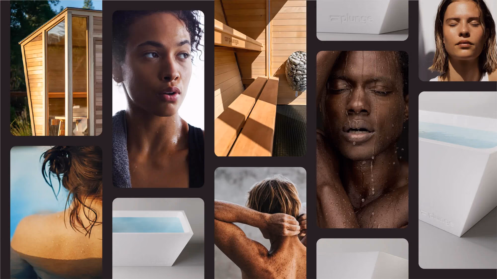 Plunge social tile collage of cropped portraits, a wood sauna, faces with wet skin, and white tub product shots.