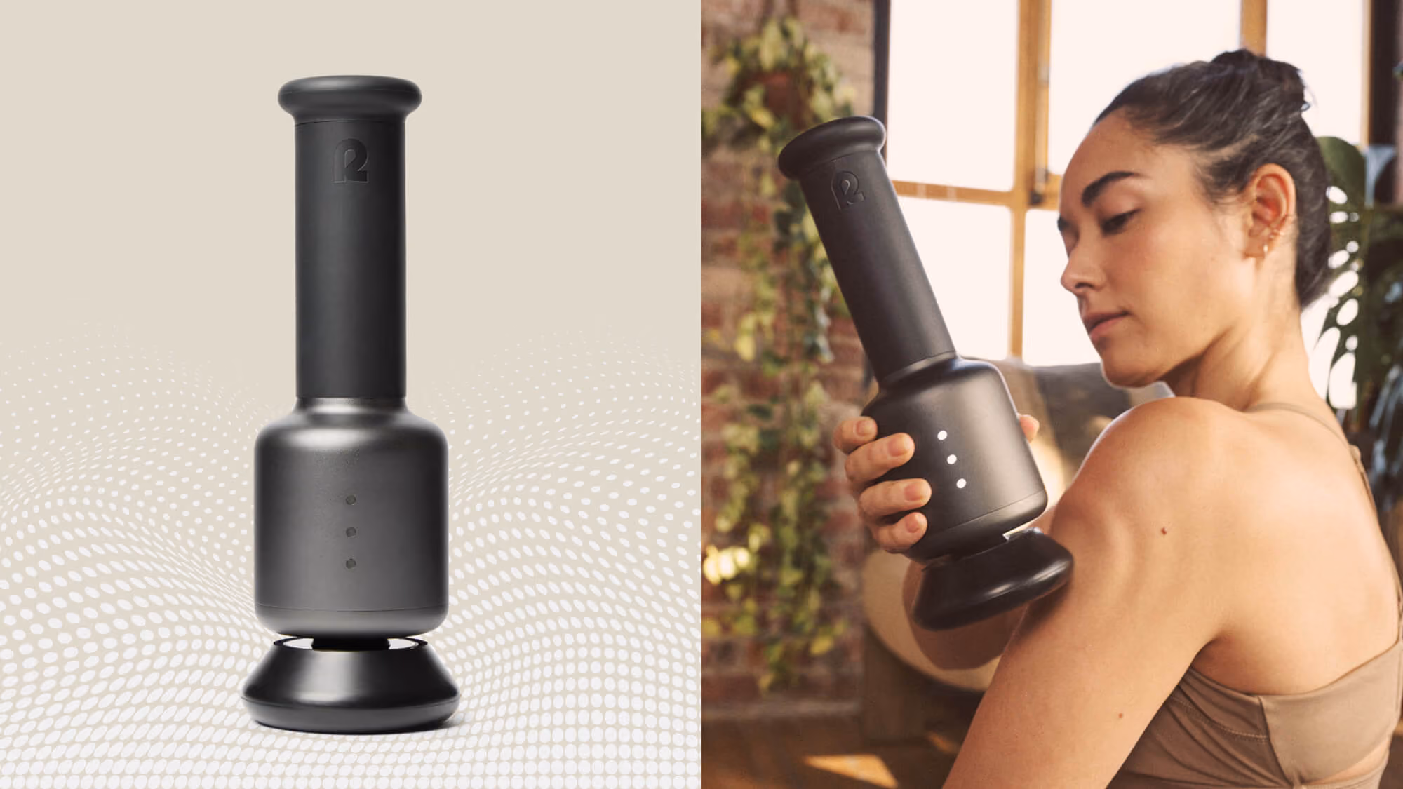 Black Rally percussive massage device on light gray; woman in a tan tank top using the device on her shoulder.
